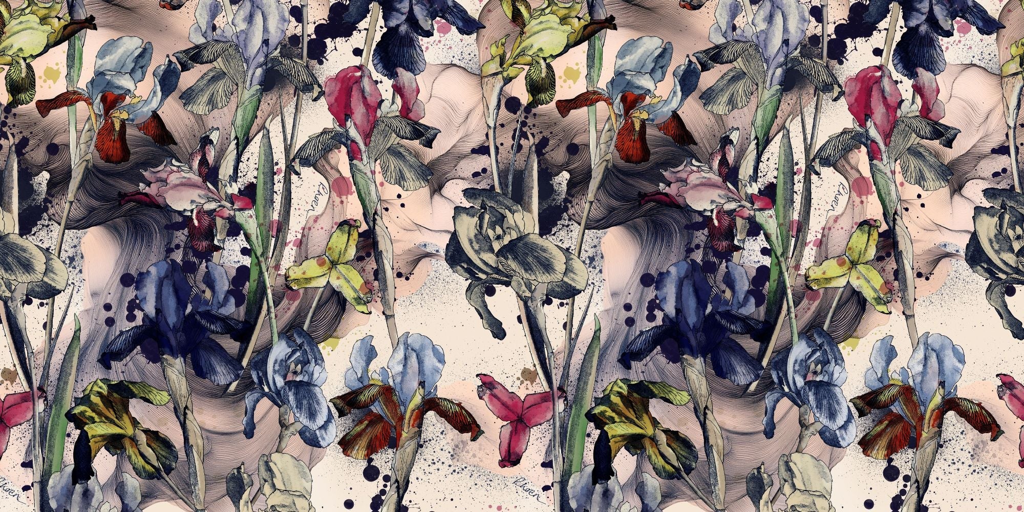 Exclusive Rhoen print fabric with oversized illustrated flowers and layered artistic detailing, blending fashion and fine art.