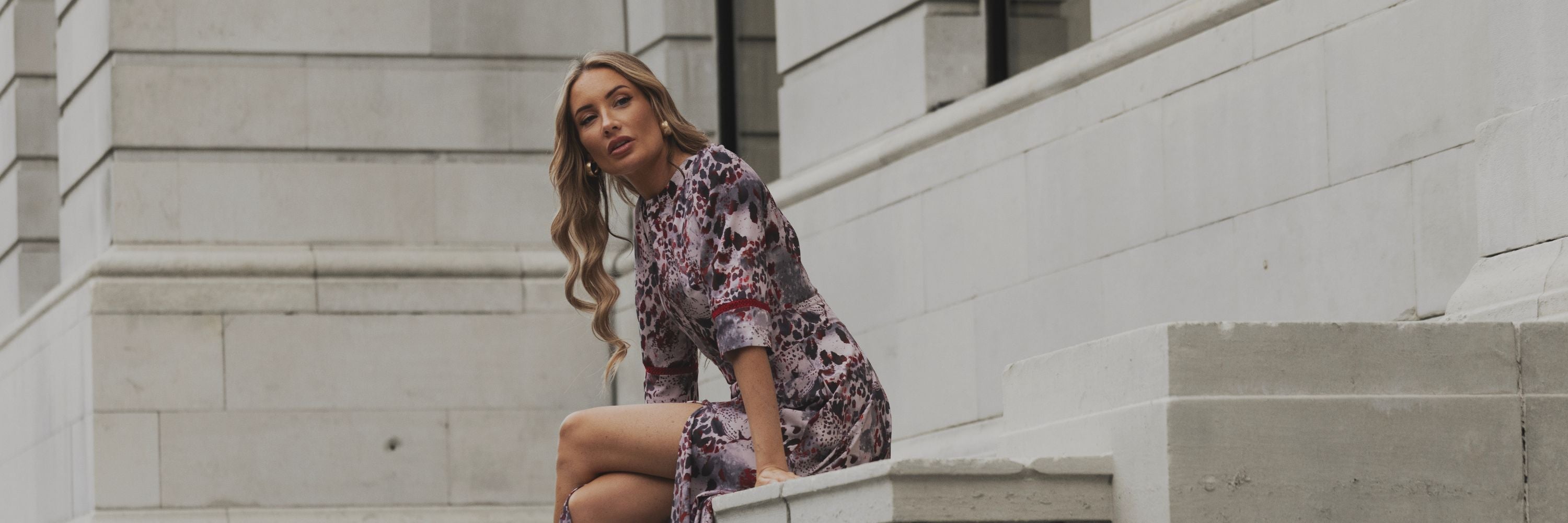 Grey Leopard Maxi Dress in Manchester City Shoot. Rhoen maxi dress designed by Rebecca Rhoades