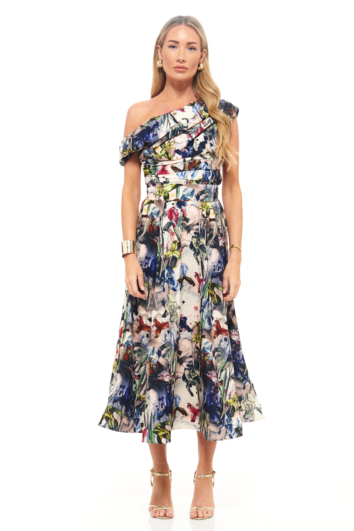 RHOEN one-shoulder midi dress in bespoke floral print designed by Rebecca Rhoades – ruched bodice, asymmetric neckline, and flowing A-line skirt for luxury occasionwear.