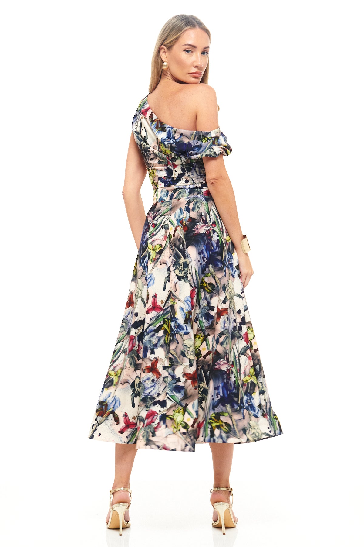 RHOEN printed midi dress in signature bespoke floral design, created by Rebecca Rhoades. One-shoulder asymmetric gown with ruched detailing and elegant full skirt.