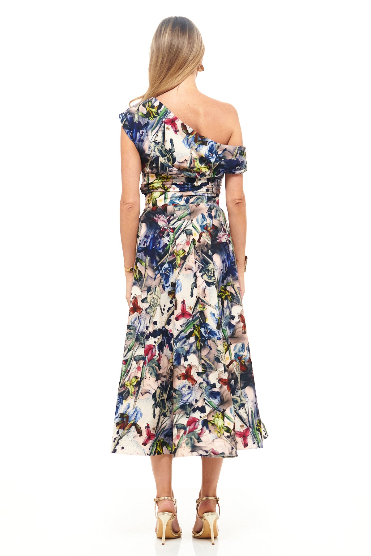 Luxury occasion midi dress by RHOEN with bespoke print artwork designed by Rebecca Rhoades. One-shoulder silhouette with fitted ruched bodice and feminine A-line cut.