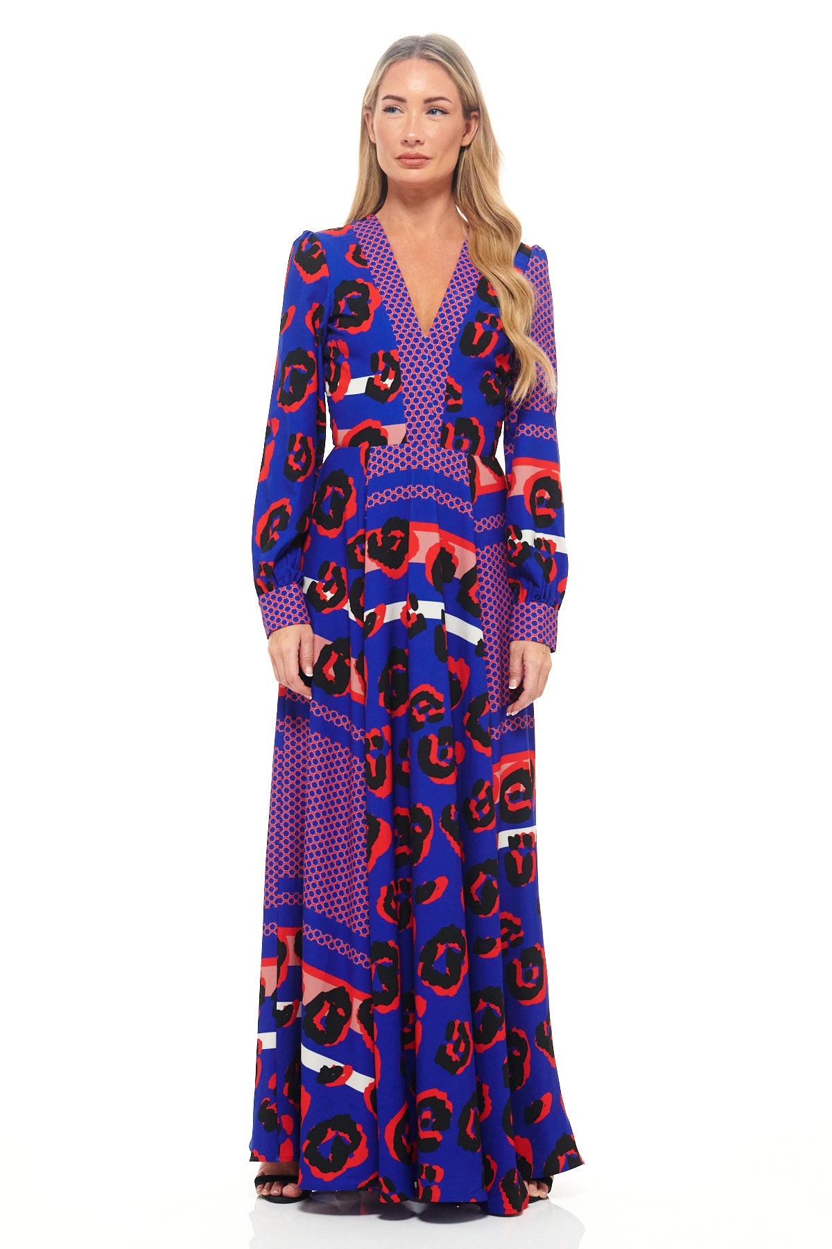 RHOEN blue and red leopard print maxi dress with plunging V-neckline, long sleeves, and flowing full-length skirt. Bespoke bold print by Rebecca Rhoades.