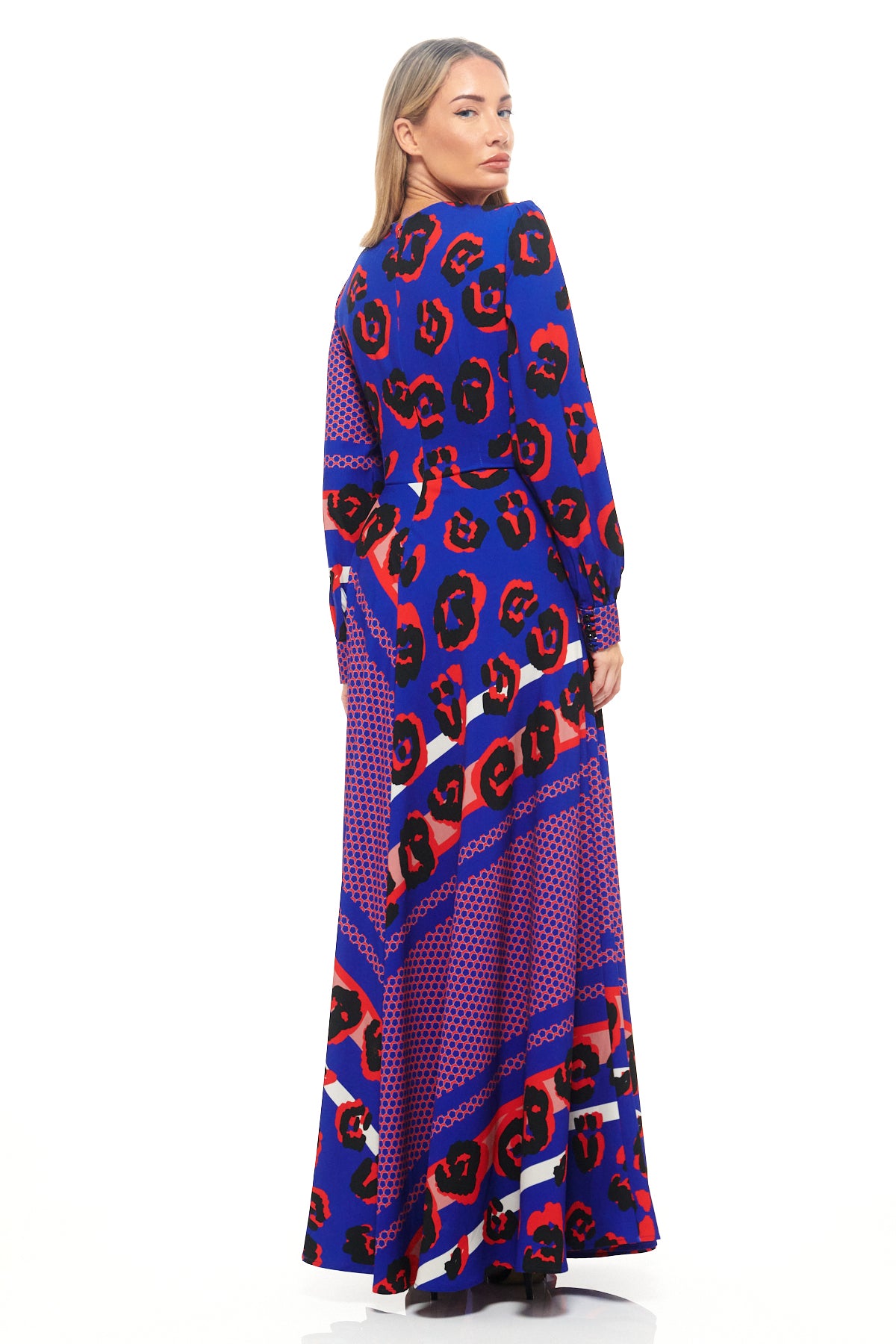 Designer long sleeve maxi dress by RHOEN featuring striking blue and red animal print, structured waist, and dramatic floor-length hemline.