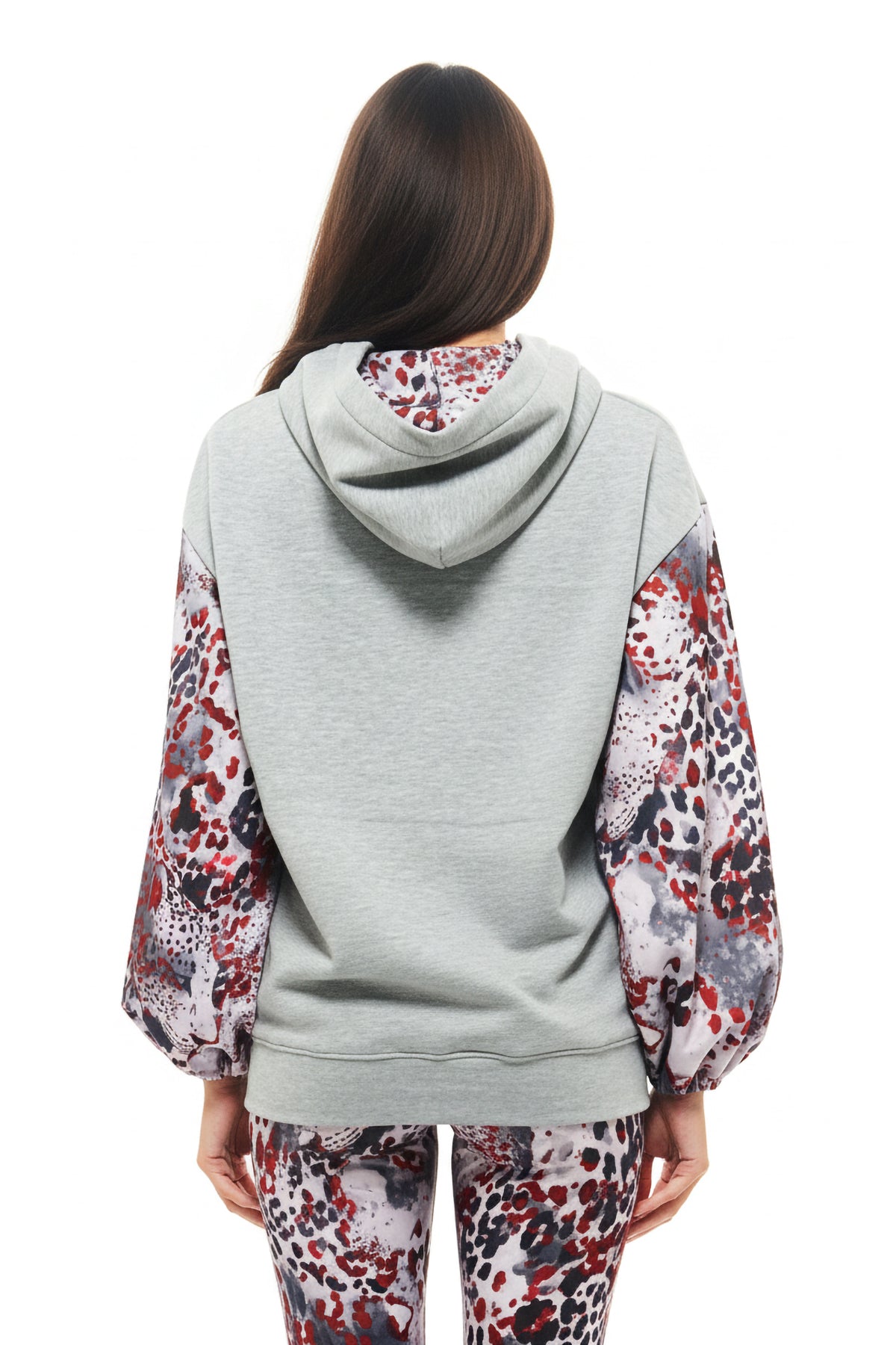 Casual grey RHOEN hoodie with bold artistic printed sleeves and front pocket, designed by Rebecca Rhoades.