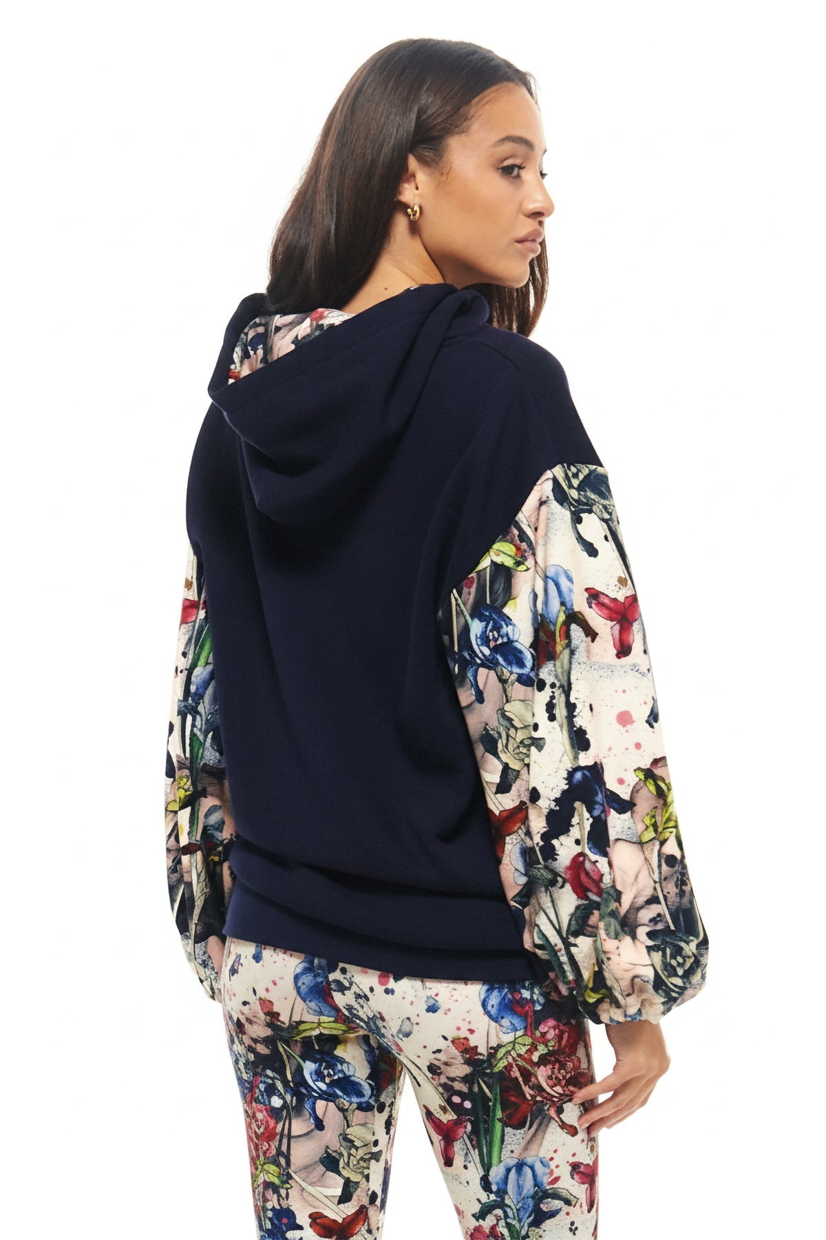 Luxury women’s navy hoodie with exclusive RHOEN print sleeves, designed by Rebecca Rhoades.