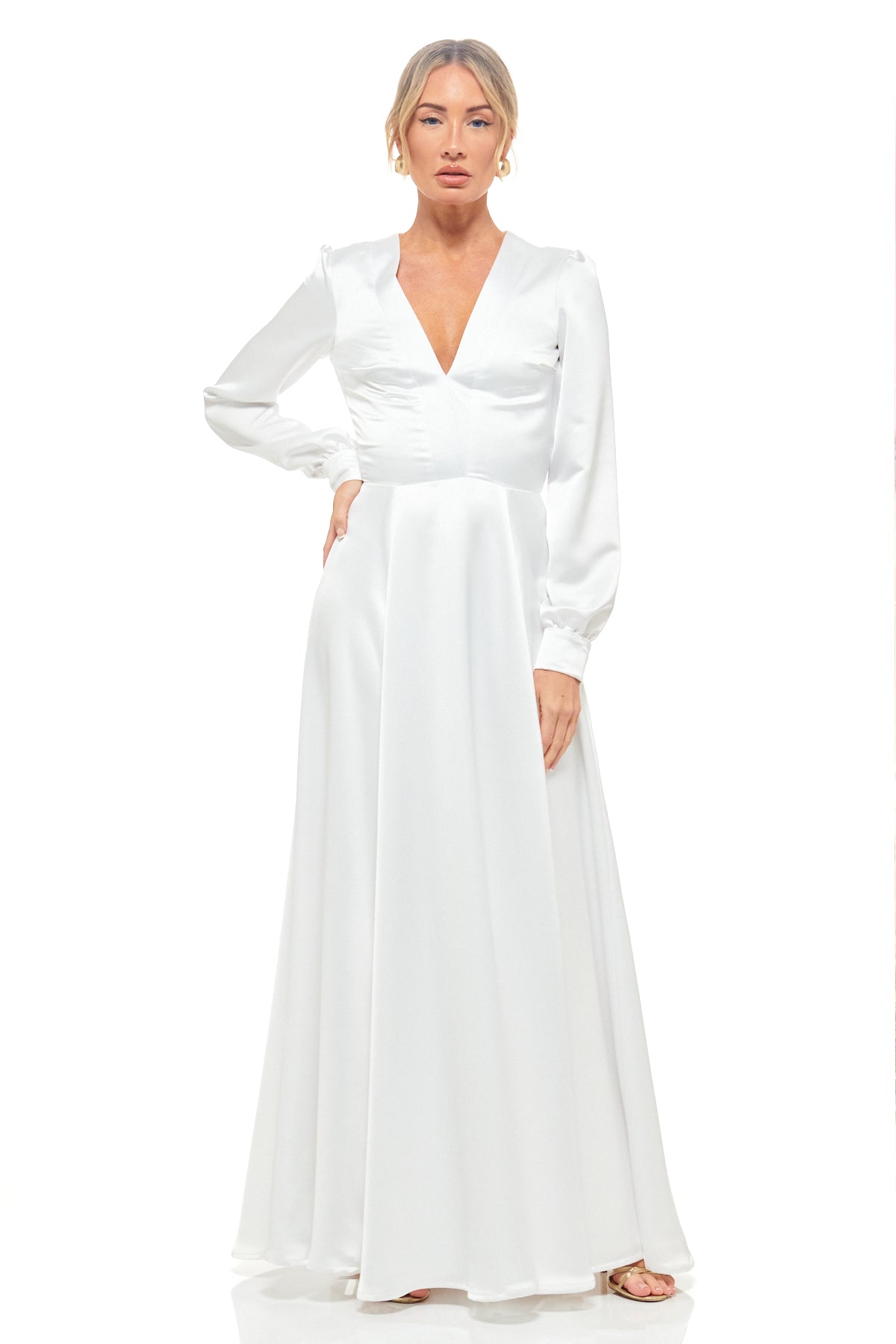 Rhoen bridal-inspired satin maxi dress in pure white with flowing A-line skirt and statement sleeves – premium designer gown UK.