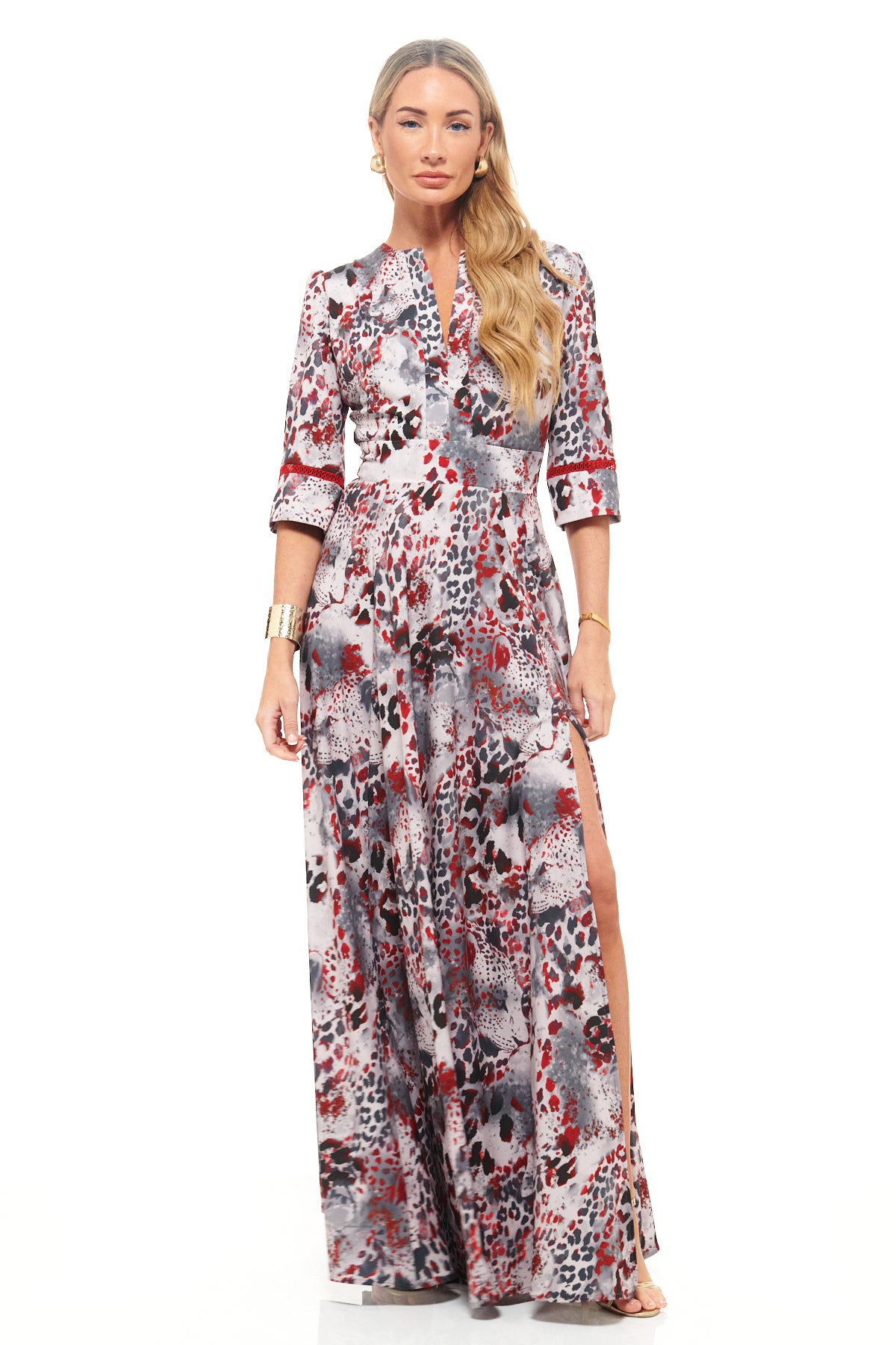 RHOEN red and grey animal print maxi dress with high split, three-quarter sleeves, and fitted waist. Bespoke designer print by Rebecca Rhoades.