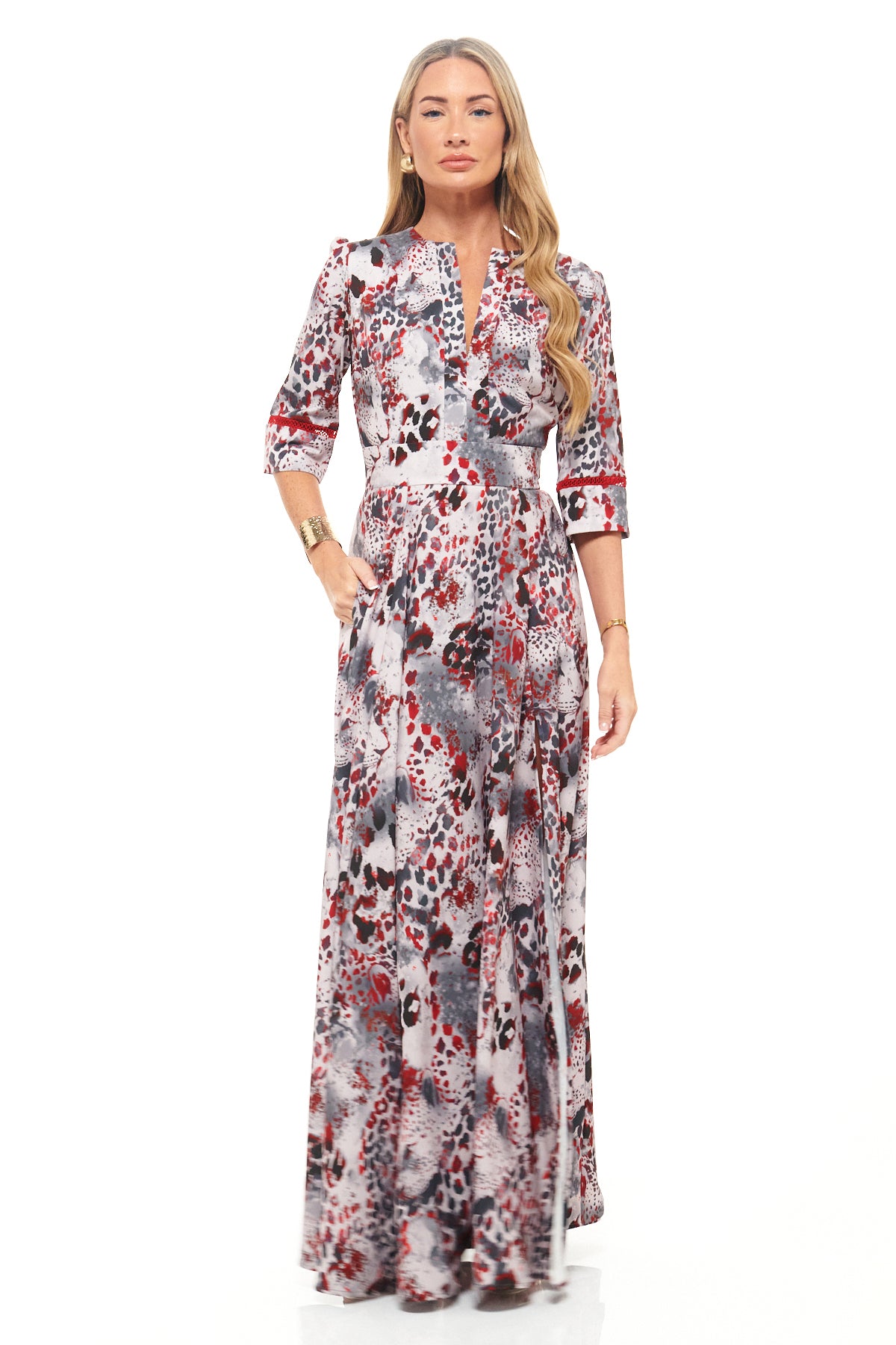RHOEN statement print maxi dress – exclusive Rebecca Rhoades design with bold animal-inspired motif, three-quarter sleeves, and flowing skirt with thigh-high split.