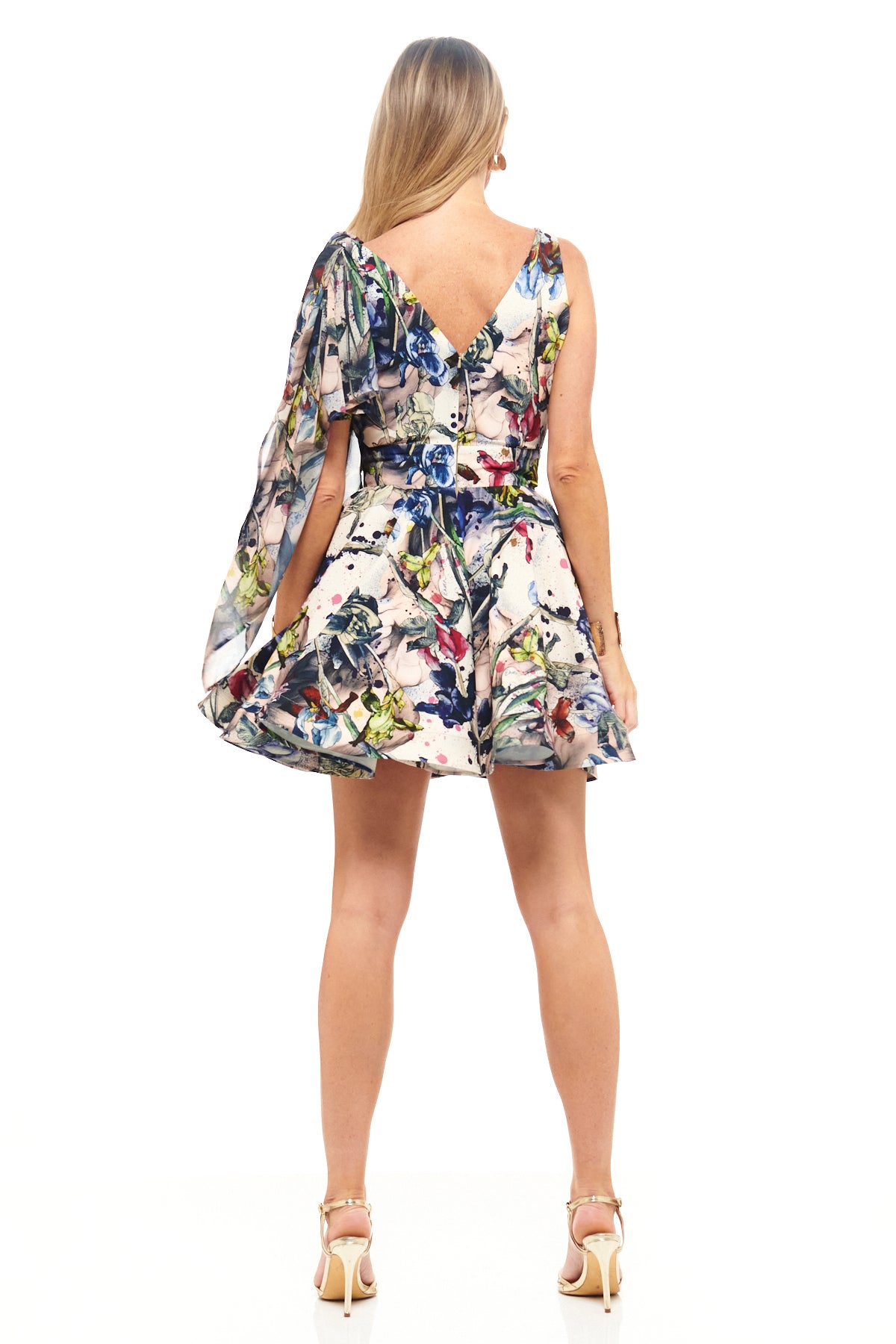 RHOEN exclusive print cocktail dress – mini length with plunging V-neckline, one-shoulder long sleeve, and vibrant floral pattern designed by Rebecca Rhoades.