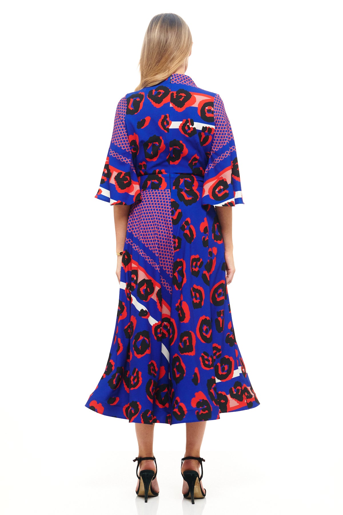 RHOEN statement print midi dress – bespoke Rebecca Rhoades design with vivid animal print, structured waistline, and elegant full hemline.