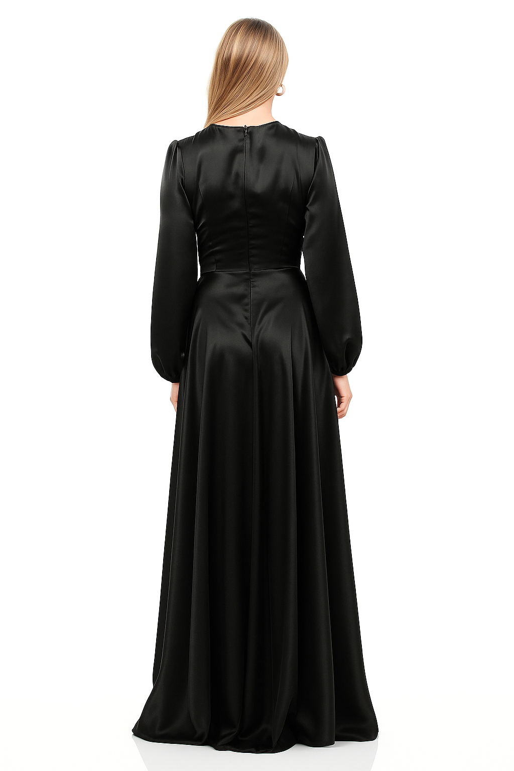 Designer black satin gown by RHOEN, with long balloon sleeves, V-neck bodice, and floor-sweeping skirt with high leg slit.