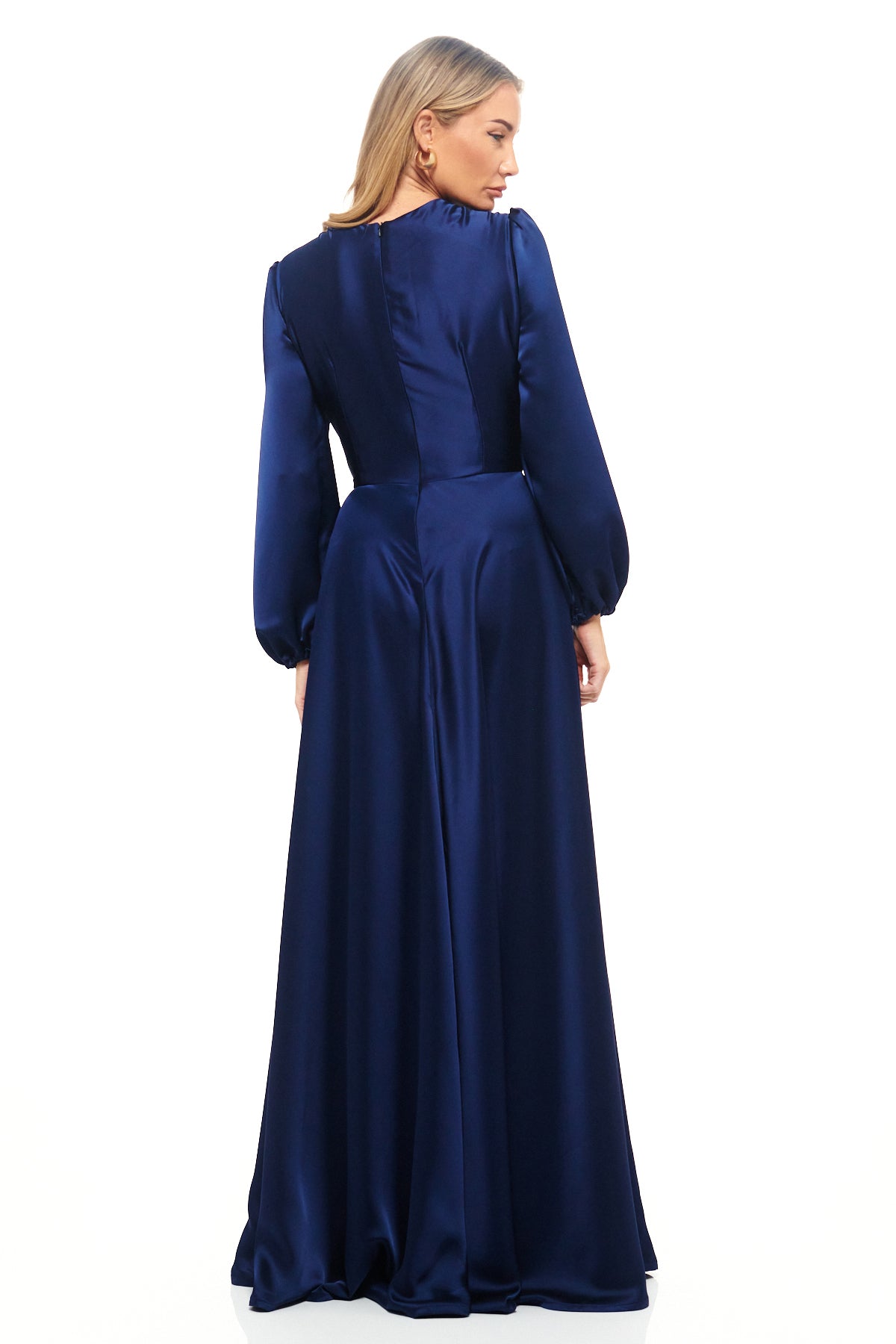 Elegant navy blue satin maxi dress by RHOEN, featuring statement balloon sleeves, a plunging neckline, and dramatic side split.