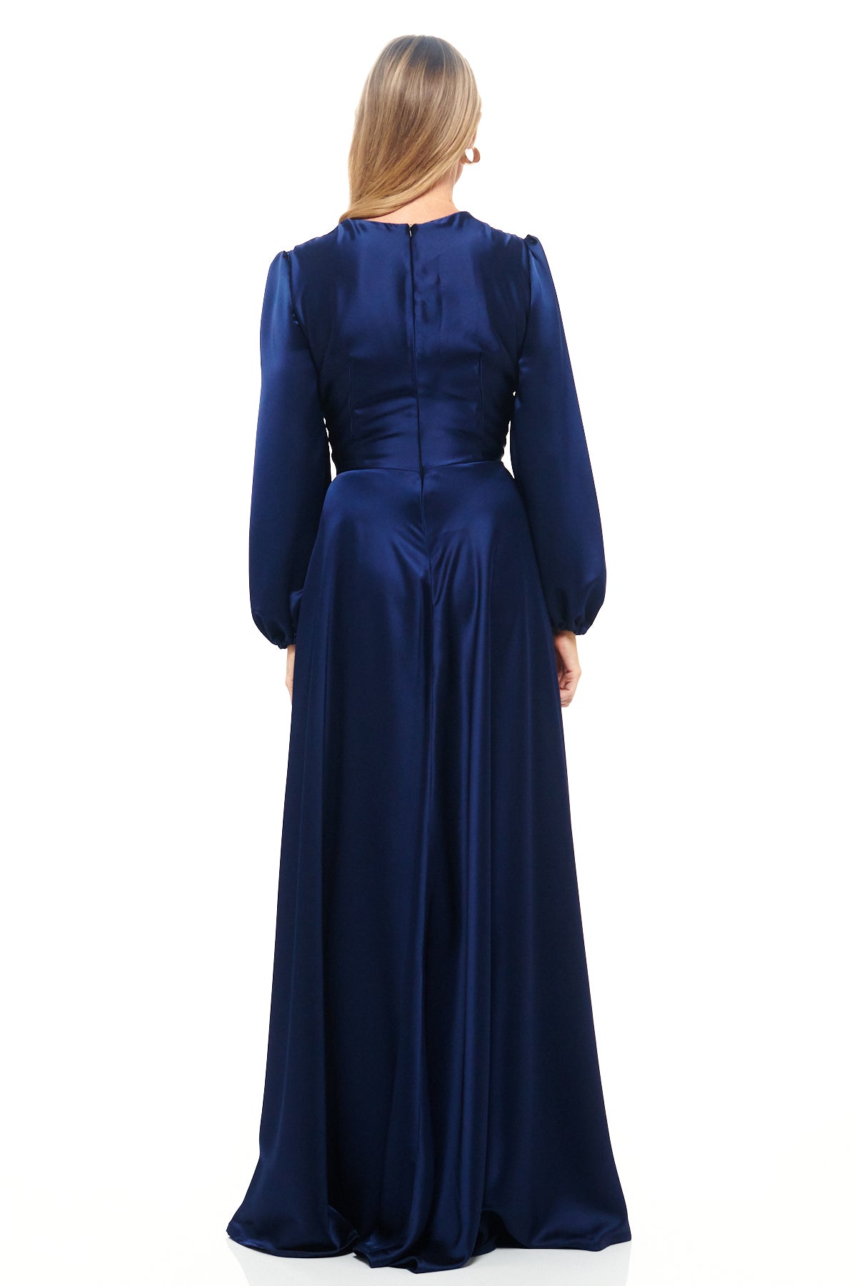 Designer navy satin evening dress by RHOEN (Rebecca Rhoades) – glamorous floor-length gown with long sleeves and leg slit.