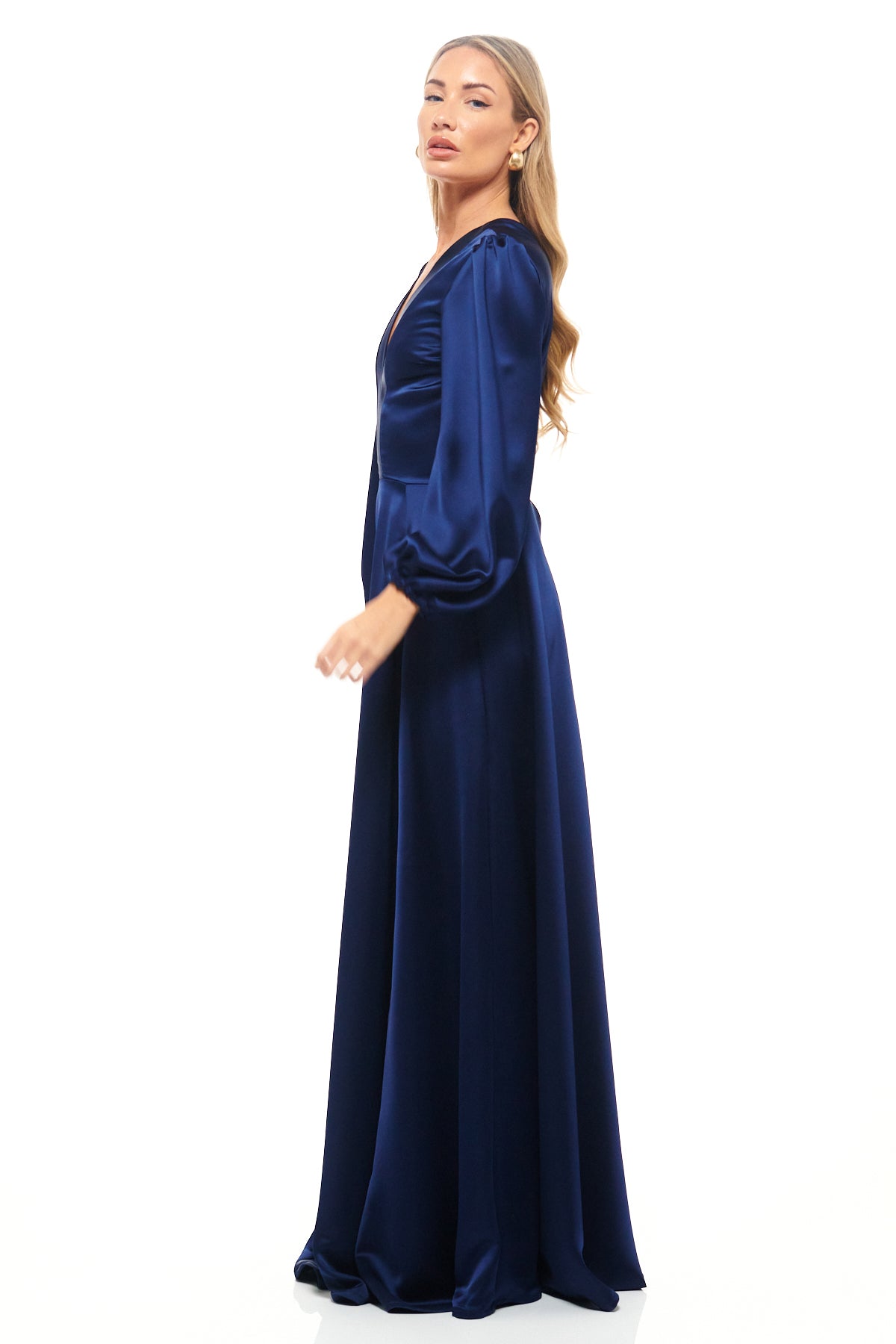 RHOEN navy satin occasion dress – luxury long gown with V-neckline, full sleeves, and flowing skirt with front split.