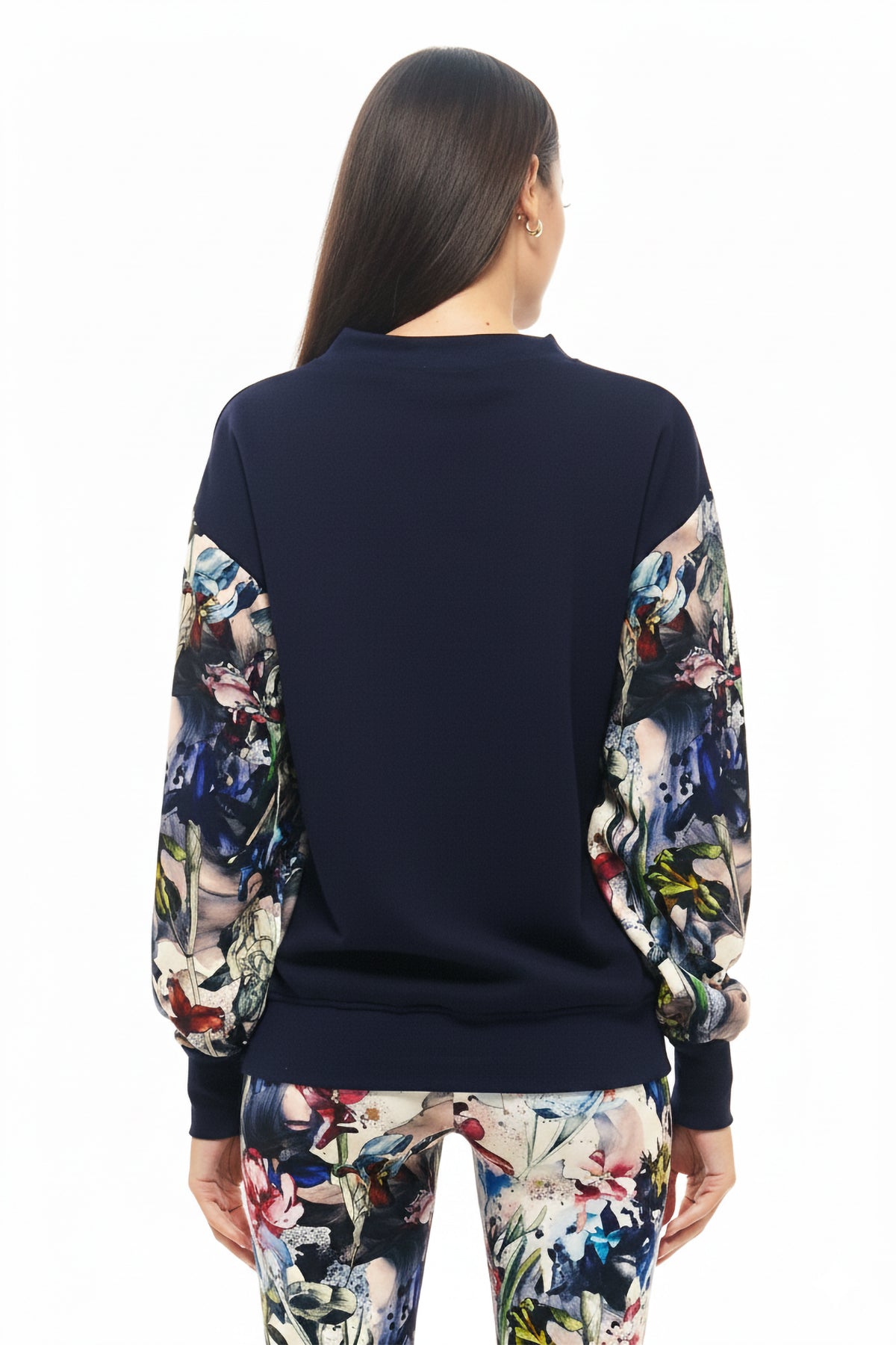 Designer sweatshirt by RHOEN in deep navy, finished with exclusive floral print sleeves for a signature look.