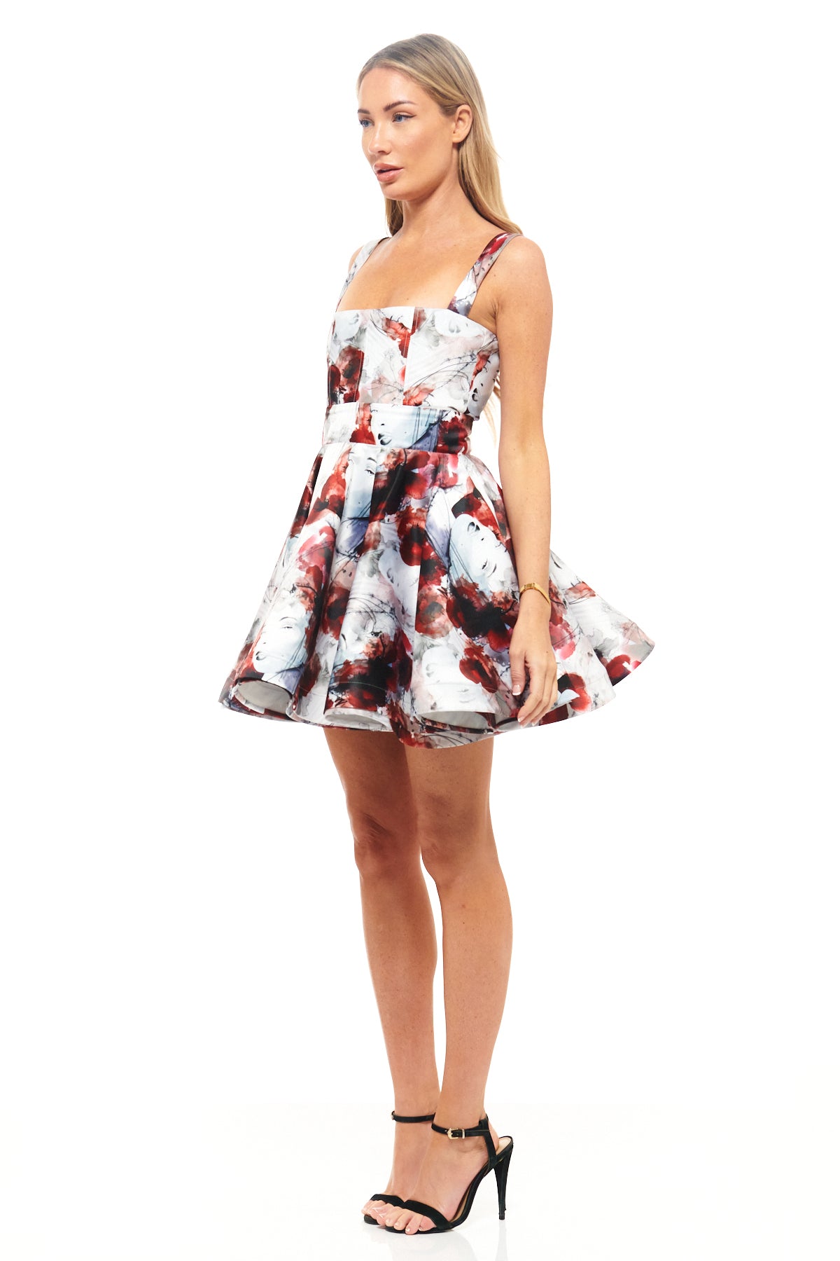 Designer party dress by Rebecca Rhoades for RHOEN – abstract red, grey, and black floral mini dress with a classic A-line silhouette.