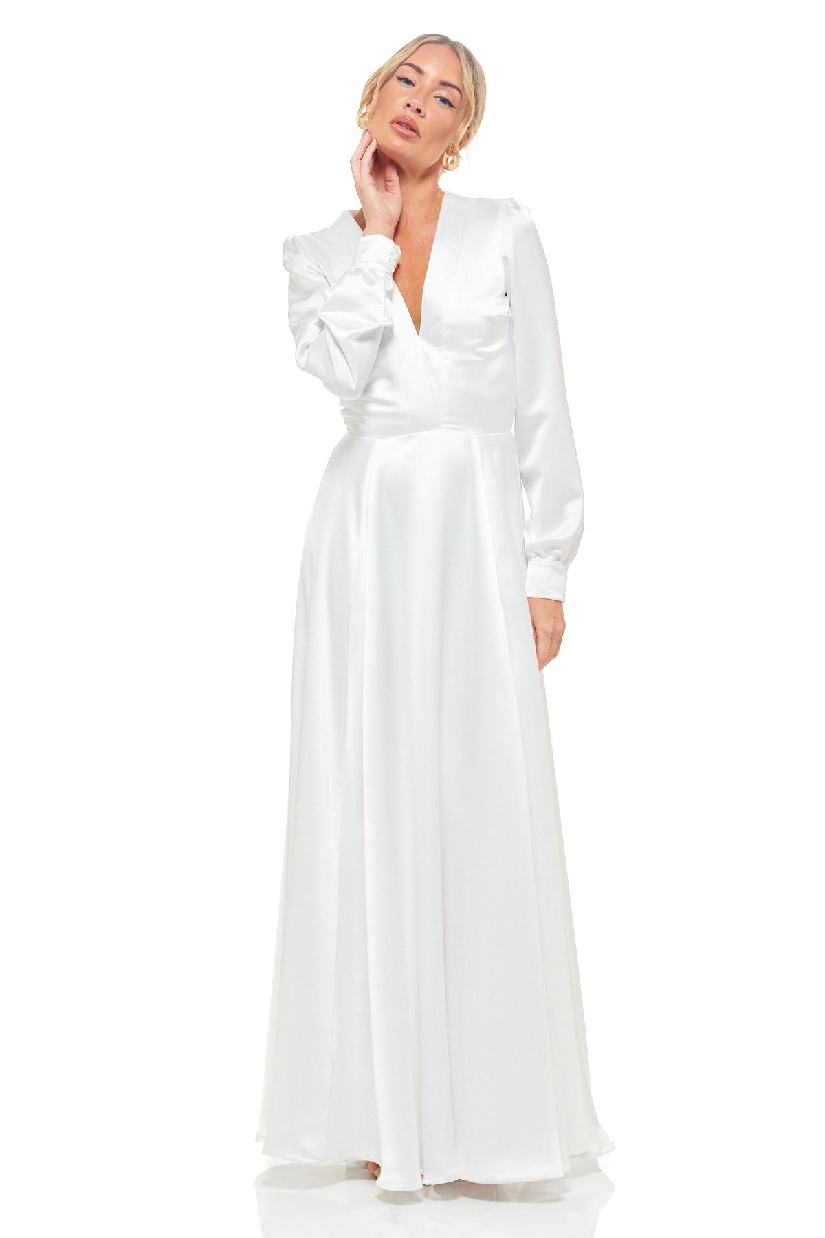 Rhoen luxury white satin gown with long sleeves and deep V-neckline – elegant full-length evening dress, formerly Rebecca Rhoades design.