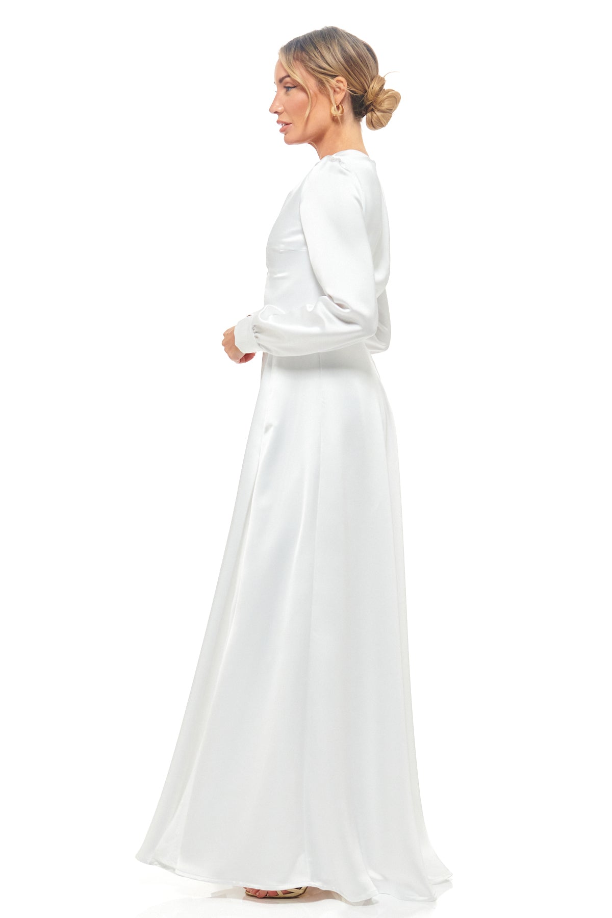 Rhoen women’s luxury white satin dress – long sleeve maxi gown perfect for bridal, evening, or special occasions, crafted in signature silky style.