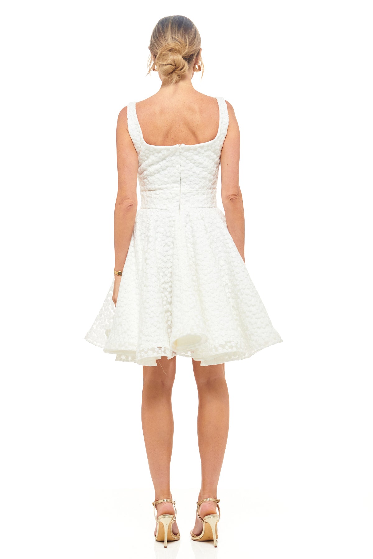 Ivory textured mini dress by RHOEN (ex-Rebecca Rhoades) – sleeveless short bridal gown with fitted top and playful A-line skirt, blending modern style with timeless femininity.