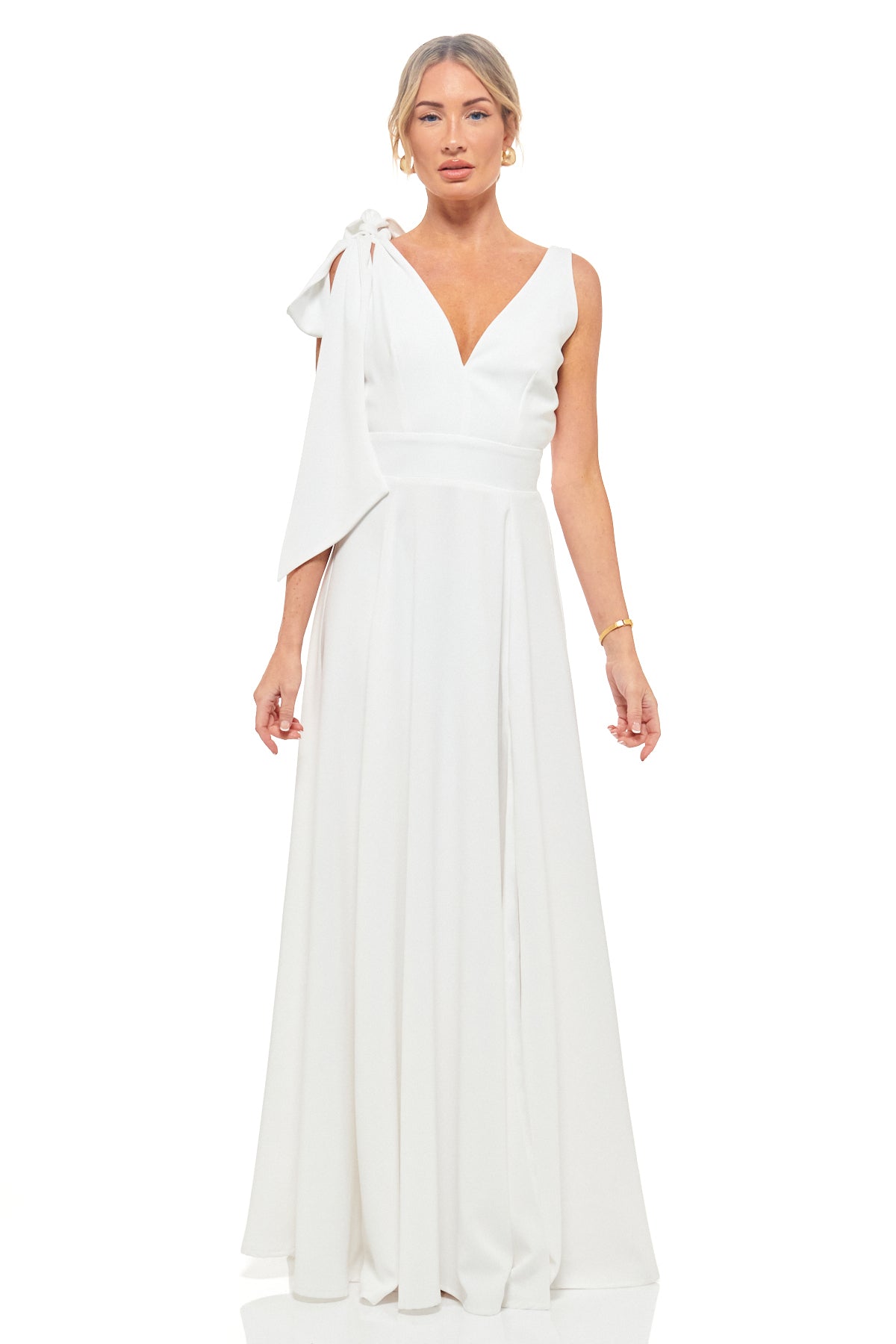 RHOEN ivory satin maxi dress with bow shoulder detail and deep V-neckline – luxury designer bridal and evening gown, ex-Rebecca Rhoades.