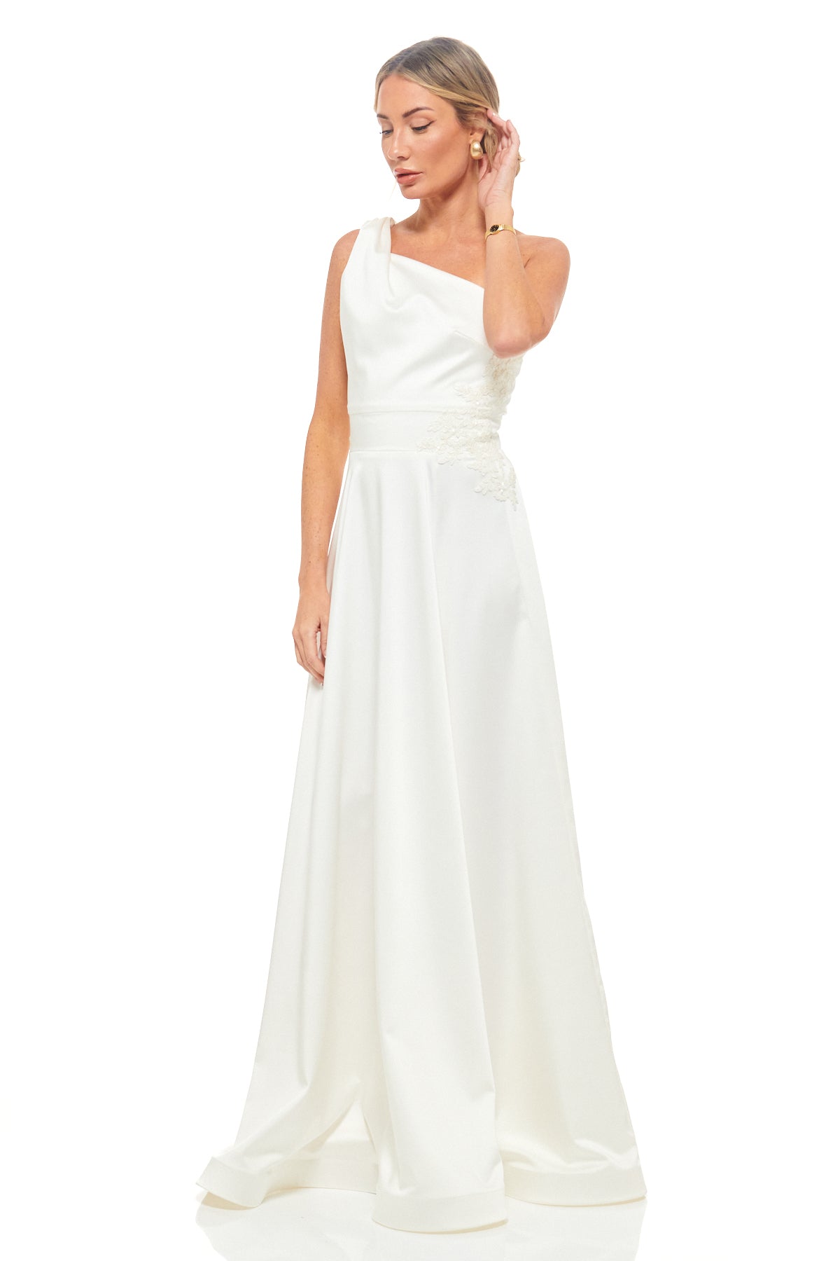RHOEN ivory satin one-shoulder maxi dress with draped neckline and lace applique detail – elegant bridal and evening gown, ex-Rebecca Rhoades.