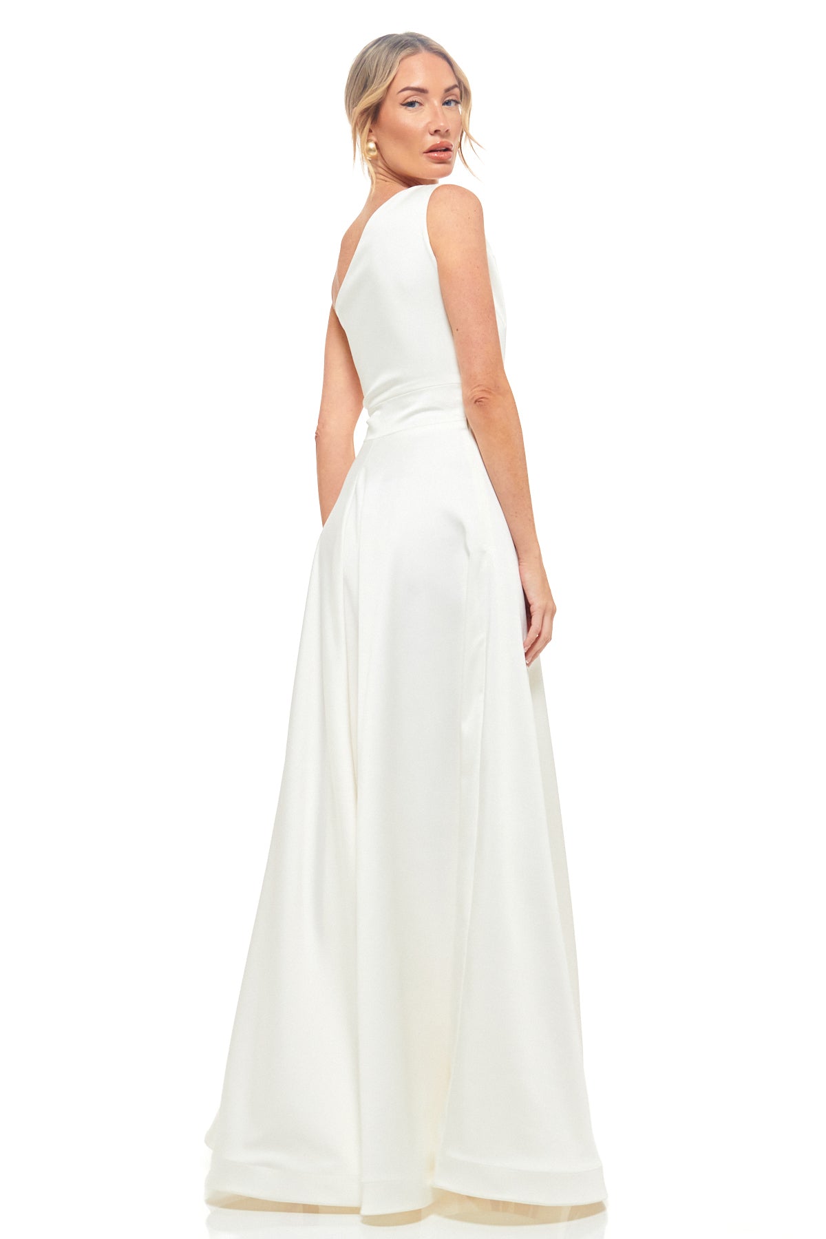Designer ivory maxi dress – RHOEN (formerly Rebecca Rhoades) satin one-shoulder gown with lace applique and full-length flowing skirt.