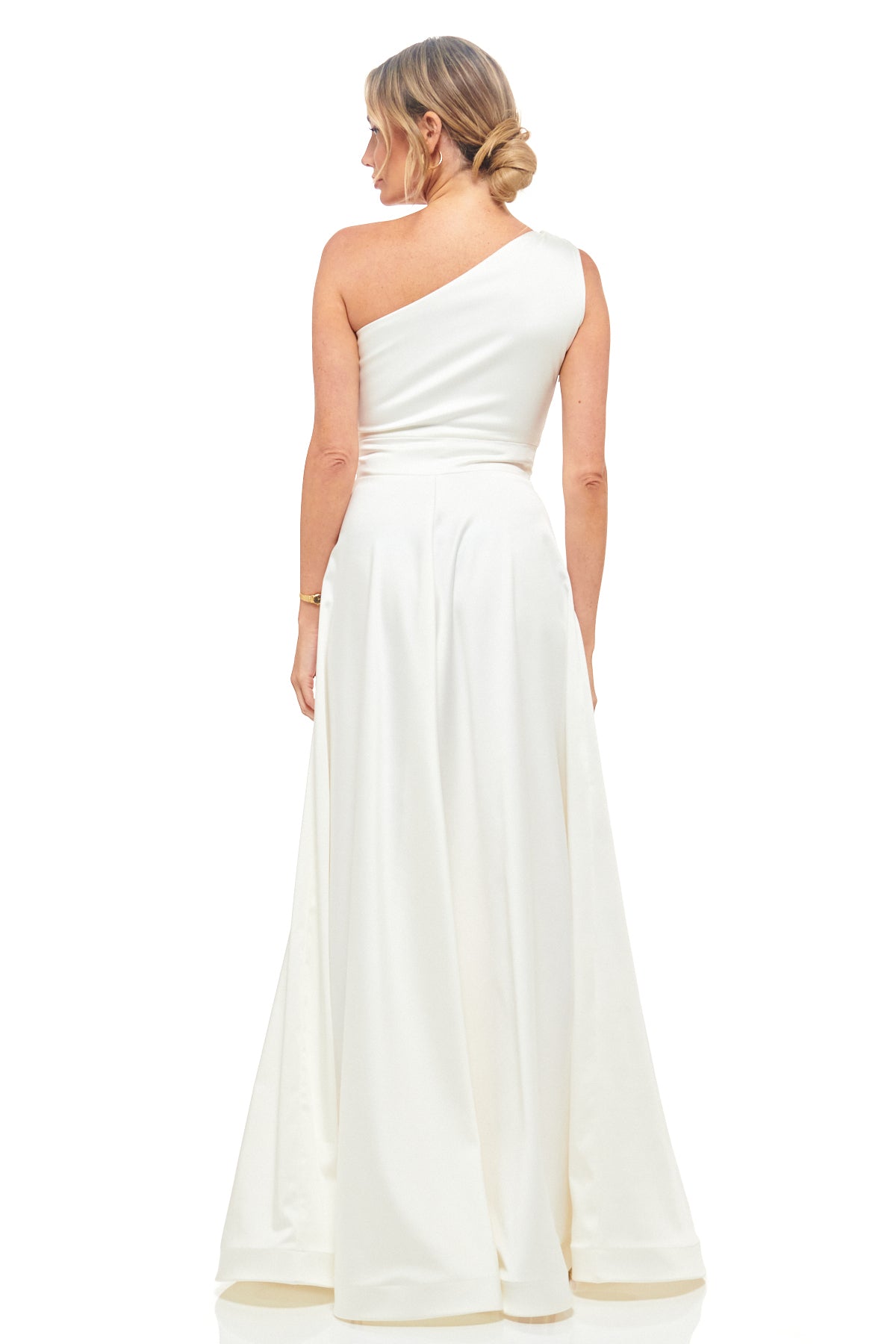 RHOEN women’s ivory one-shoulder satin maxi dress – modern wedding and occasion gown with asymmetric neckline and elegant drape.