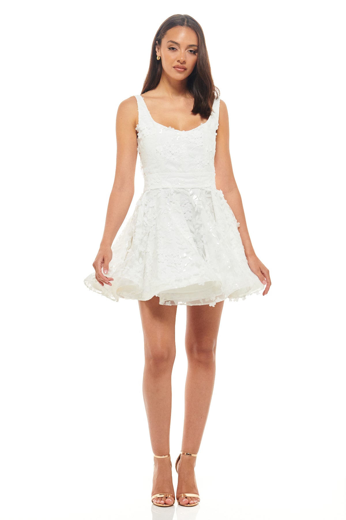 RHOEN ivory mini dress with floral sequin applique – luxury short bridal gown with fitted bodice and flared skirt, ex-Rebecca Rhoades.