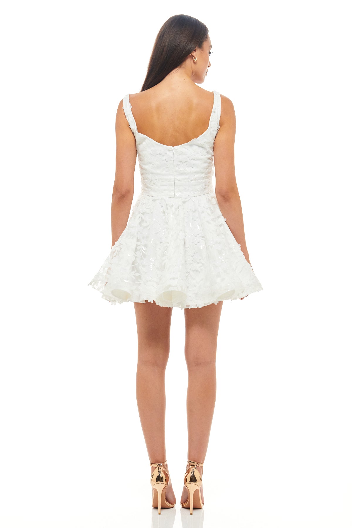 RHOEN women’s ivory mini dress – luxury party and bridal shower dress featuring sequin floral appliqué and flared hemline.