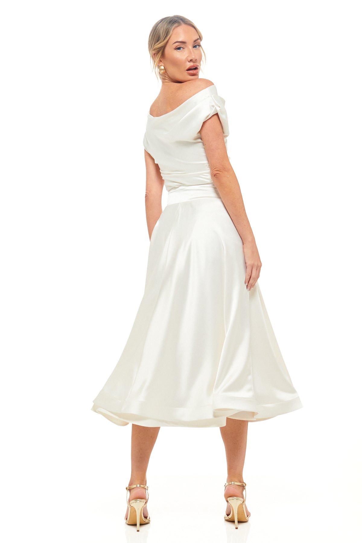 RHOEN women’s ivory satin occasion dress with draped off-the-shoulder neckline, delicate applique at the waist, and a romantic A-line silhouette.