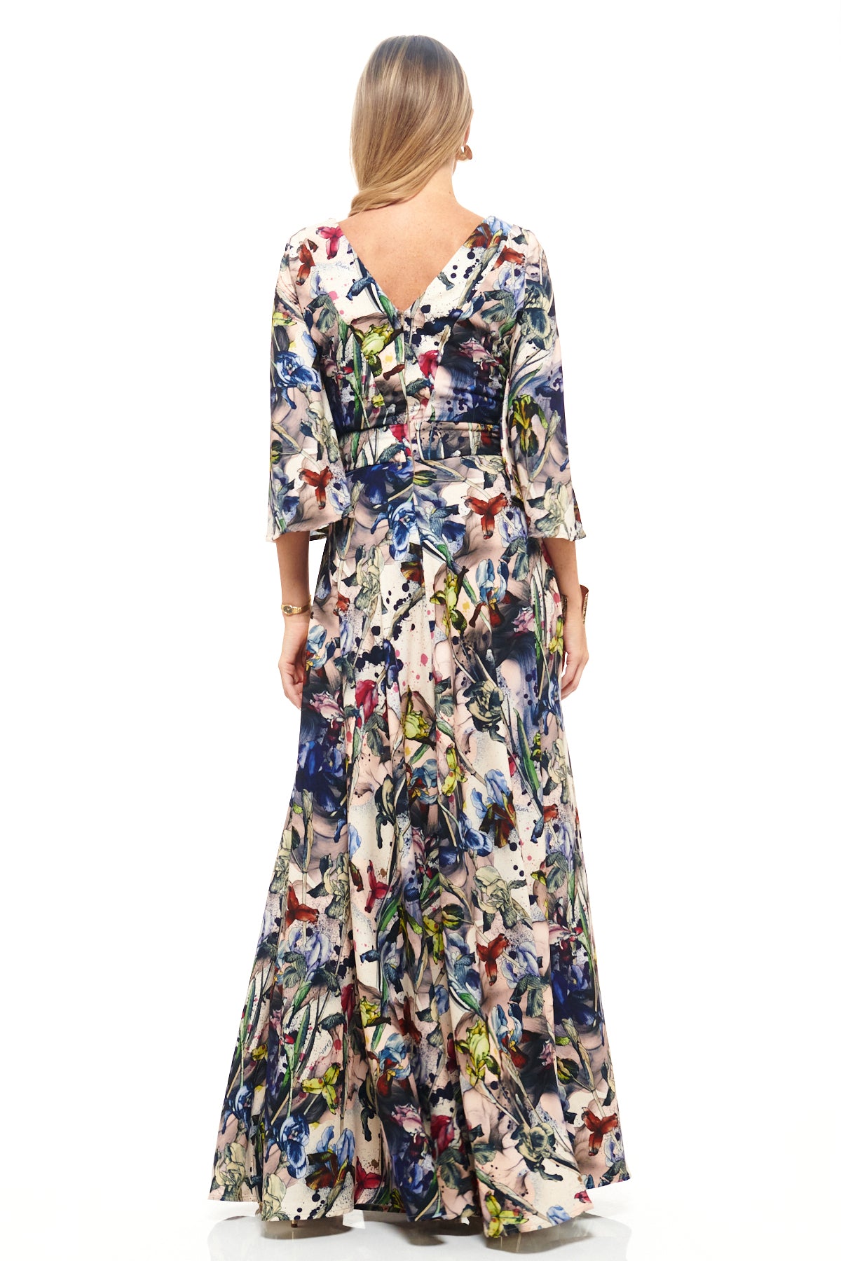 Luxury floral print gown by RHOEN (ex-Rebecca Rhoades) – bespoke illustrated pattern, maxi length, with zip-front neckline and thigh-high slit detail.