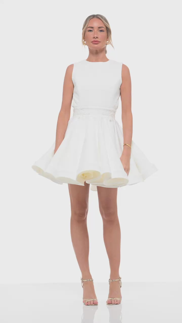 RHOEN ivory short bridal dress – sophisticated high-neck mini with bow back and open sides, perfect for wedding after-party or engagement celebrations.