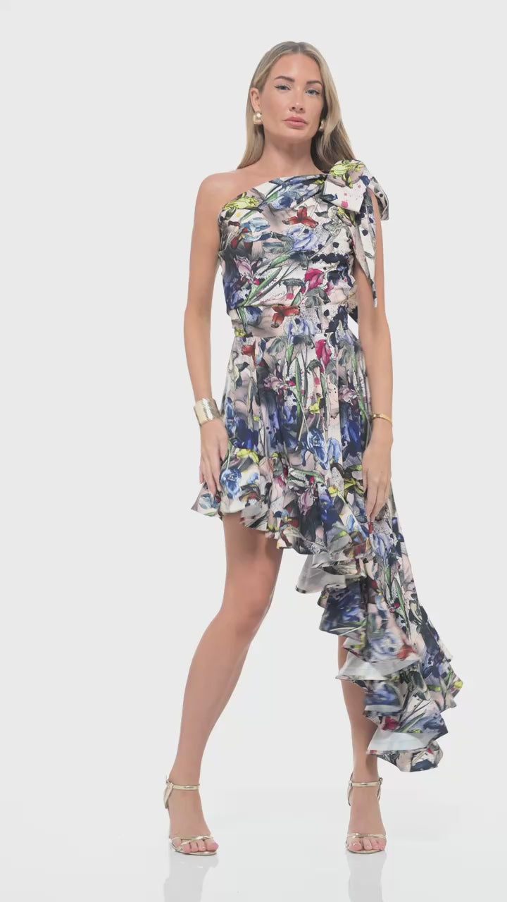 RHOEN bespoke floral one-shoulder dress with ruched bodice, asymmetric skirt, and dramatic ruffle cascade – luxury designer occasionwear by Rebecca Rhoades.