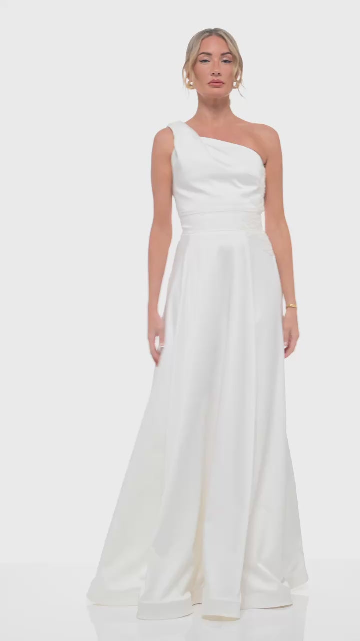 vory satin maxi dress – RHOEN (formerly Rebecca Rhoades) designer gown featuring deep V-neck, bow shoulder detail, and elegant draping.