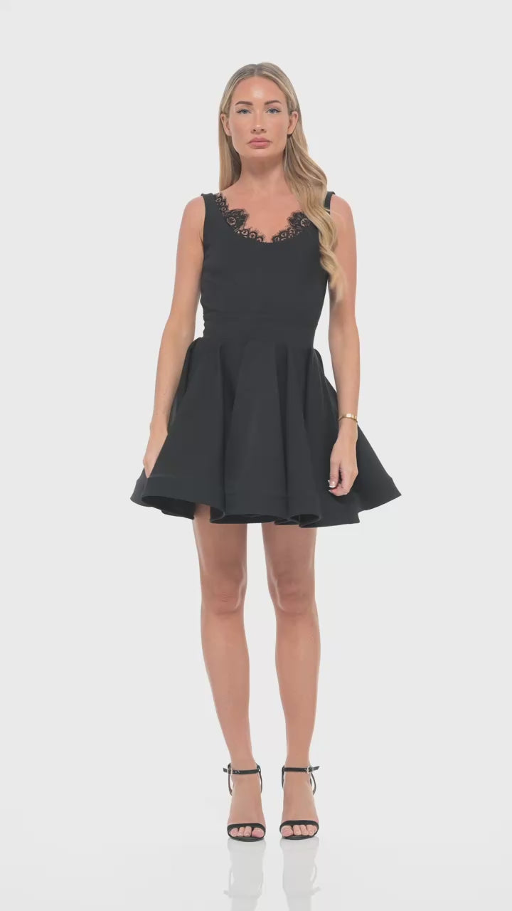 RHOEN women’s black mini dress with lace neckline detailing and a flattering flared skirt, perfect as a versatile party dress or elegant cocktail look.