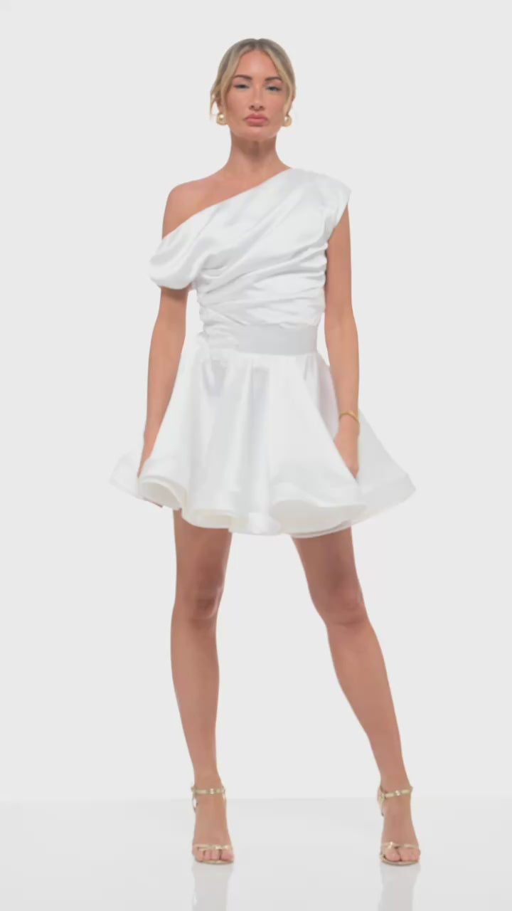 Short bridal dress by RHOEN – ivory one-shoulder mini gown perfect for wedding after-party, rehearsal dinner, or engagement celebrations.