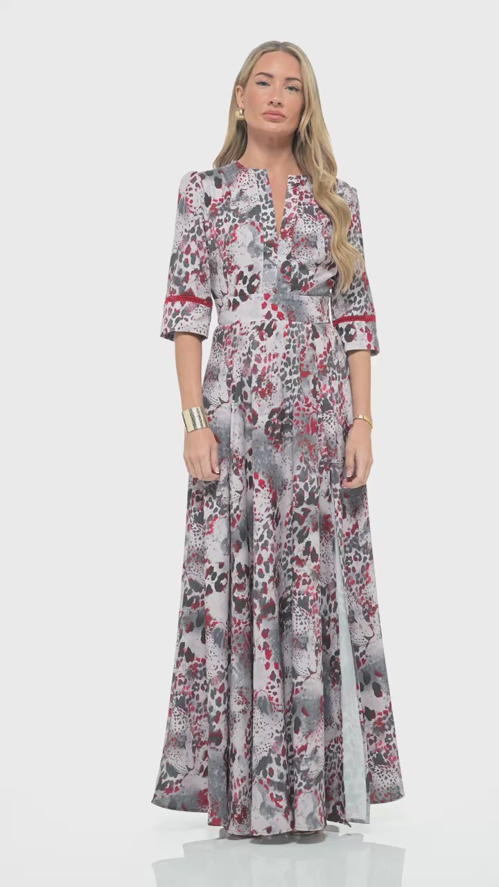 RHOEN red and grey animal print maxi dress – elegant floor-length gown with deep V-neckline, tailored bodice, three-quarter sleeves, and dramatic leg split. Designed by Rebecca Rhoades.