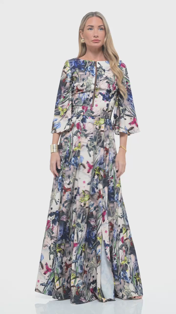 RHOEN bespoke print long sleeve maxi dress with vibrant floral artwork designed by Rebecca Rhoades, feminine silhouette, and bold leg split.