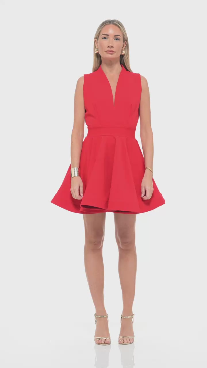 RHOEN bold red cocktail dress – luxury sleeveless A-line mini with deep V-neck and full skirt, perfect for parties and occasions.