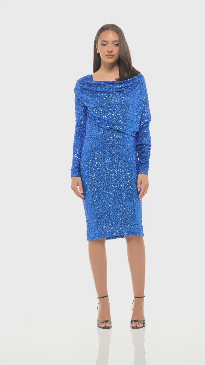 Rhoen cobalt blue sequin midi dress with shimmering all-over sequins, off-shoulder draped neckline, long sleeves and a sleek pencil skirt fit – a bold statement piece from the Rebecca Rhoades legacy reimagined.