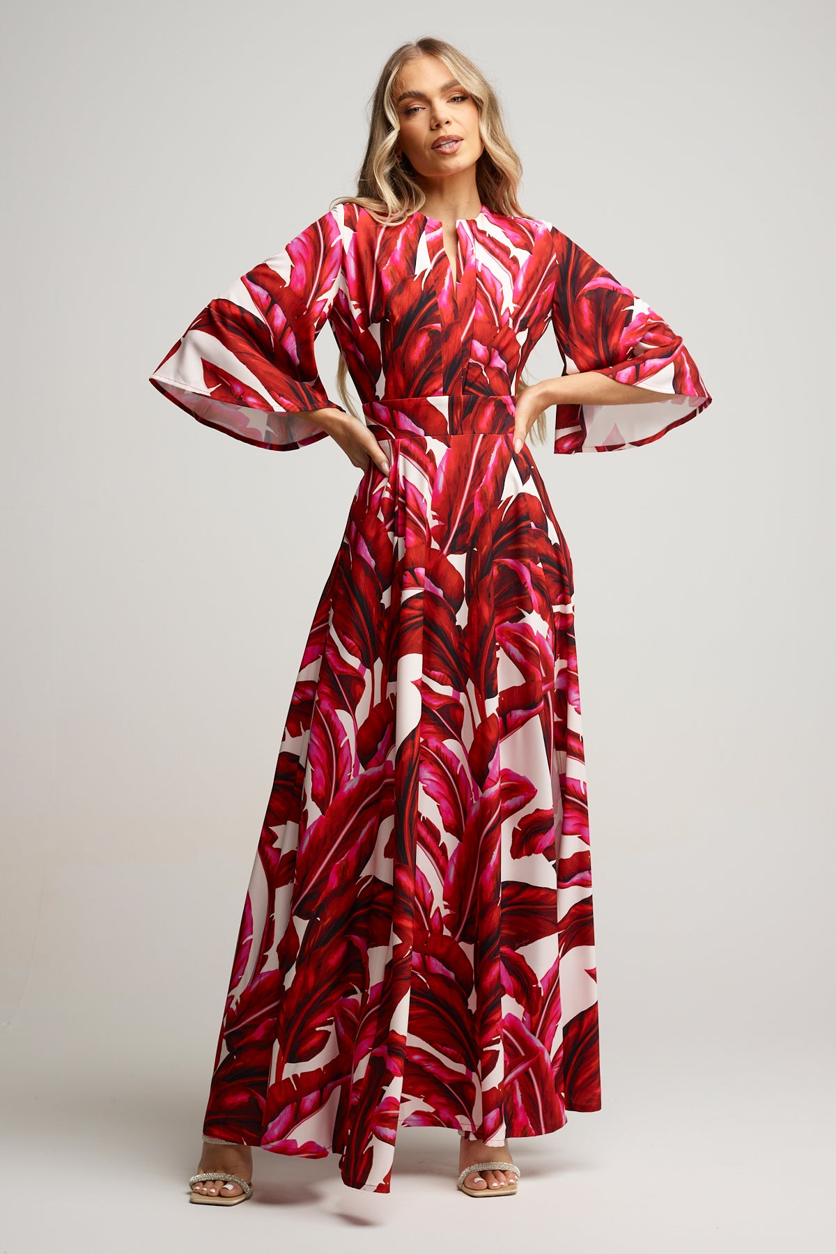 Red and White Palm Maxi Dress