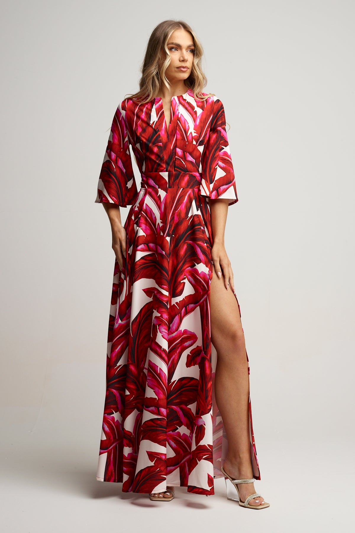 Red and White Palm Maxi Dress