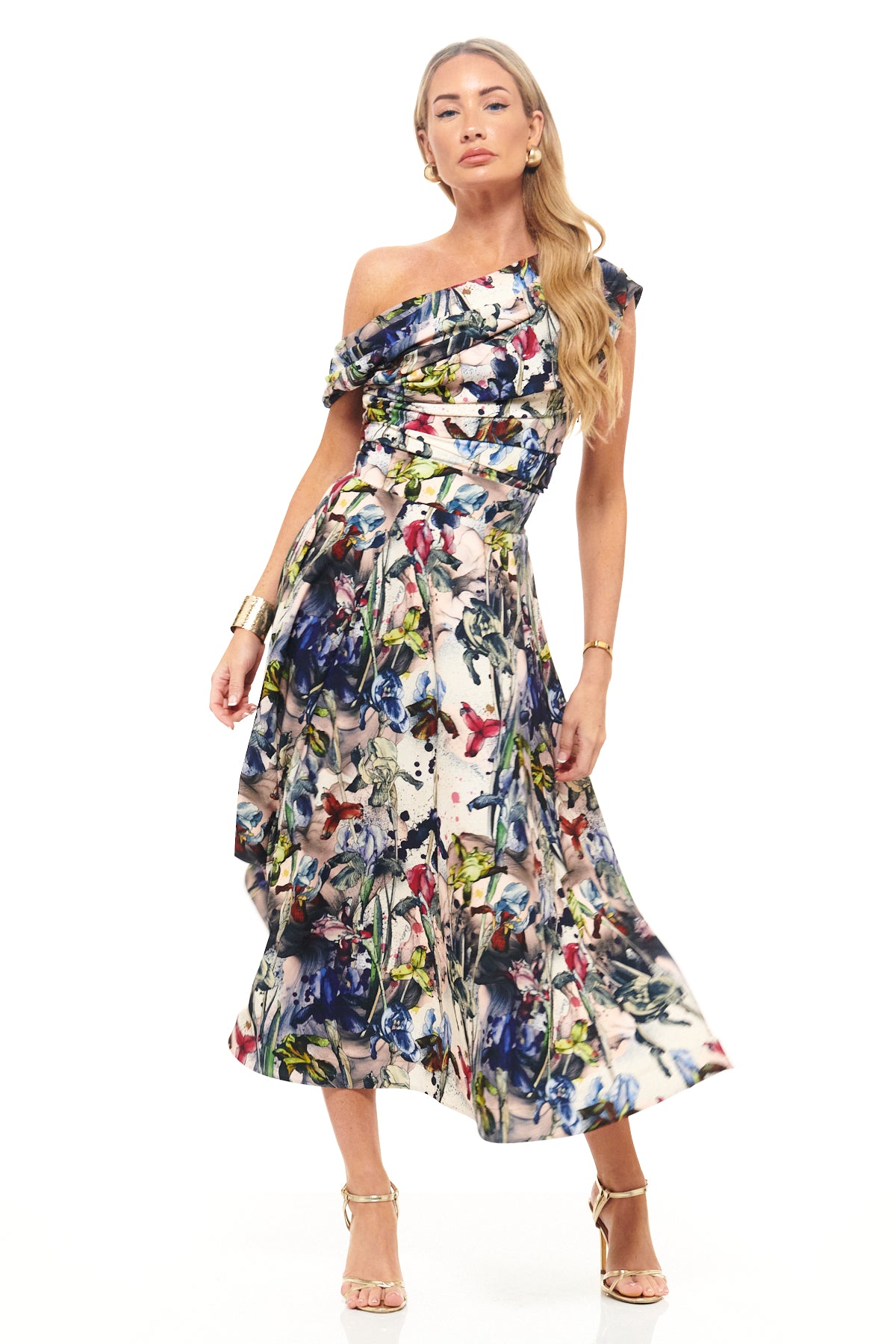 Designer midi dress by RHOEN featuring exclusive Rebecca Rhoades bespoke print, one-shoulder neckline, and cinched waist. A statement piece for weddings and events.