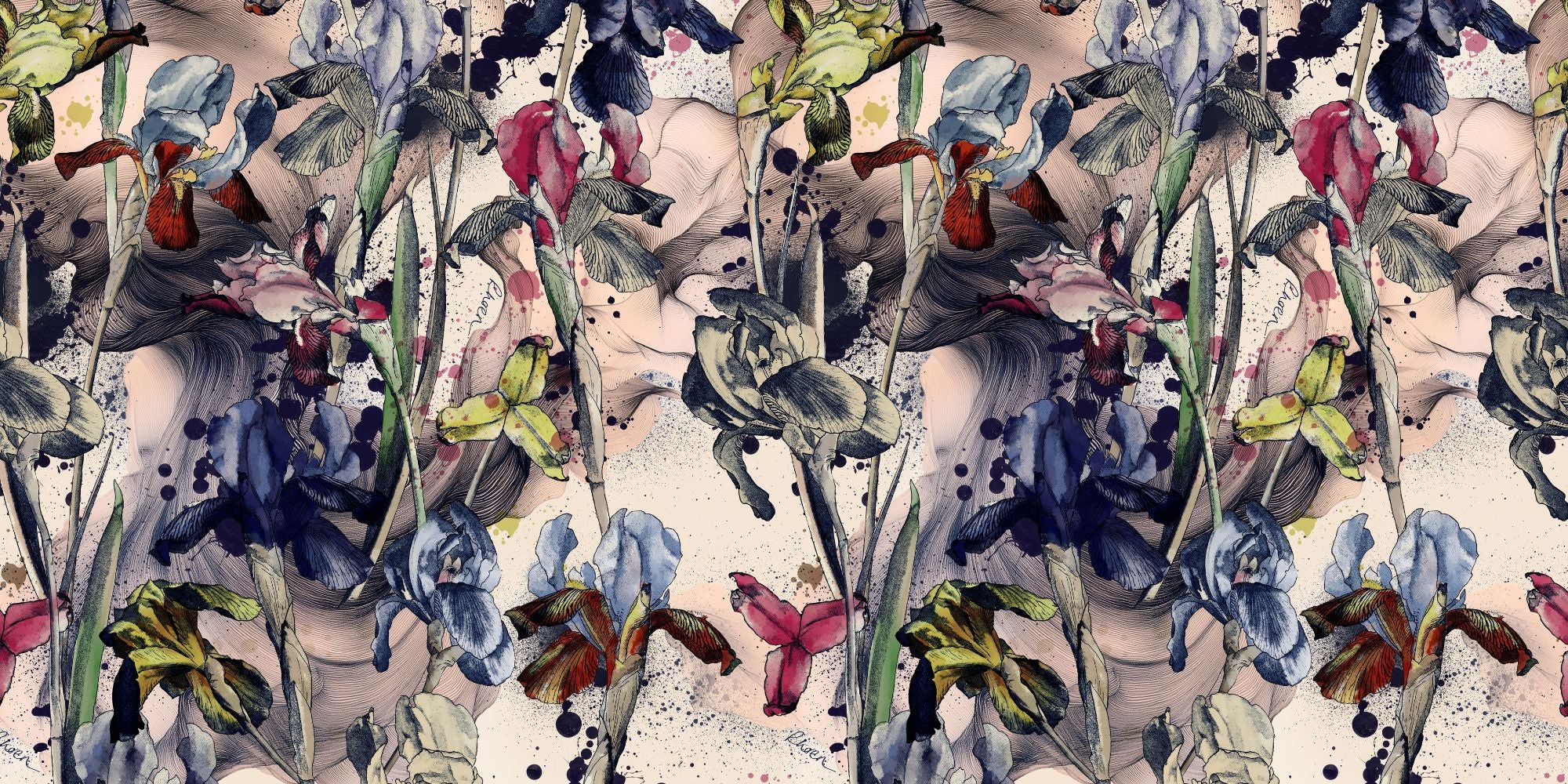 Rhoen signature floral print featuring hand-drawn irises and abstract brushstroke details in blue, red, and green tones on a soft blush background.