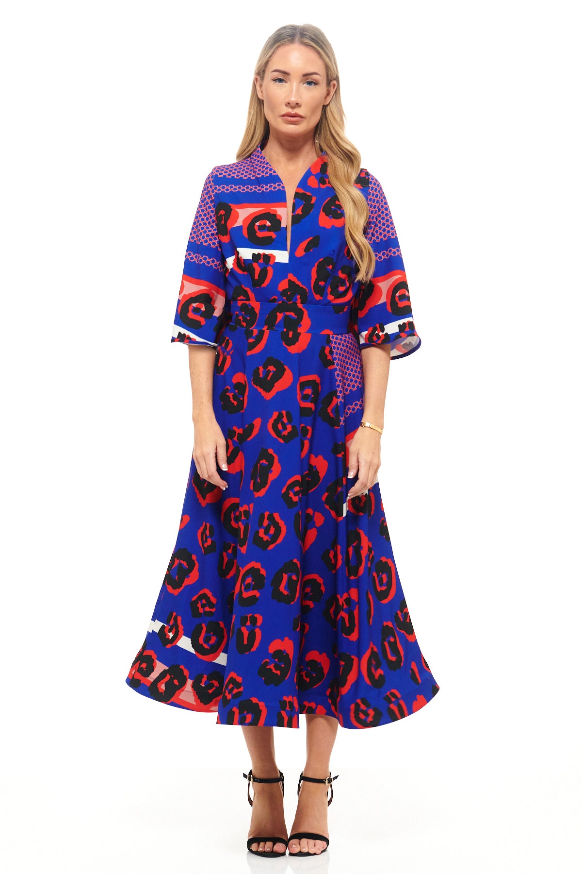 RHOEN blue and red leopard print midi dress with V-neckline, flared sleeves, and A-line skirt. Bespoke bold print designed by Rebecca Rhoades.