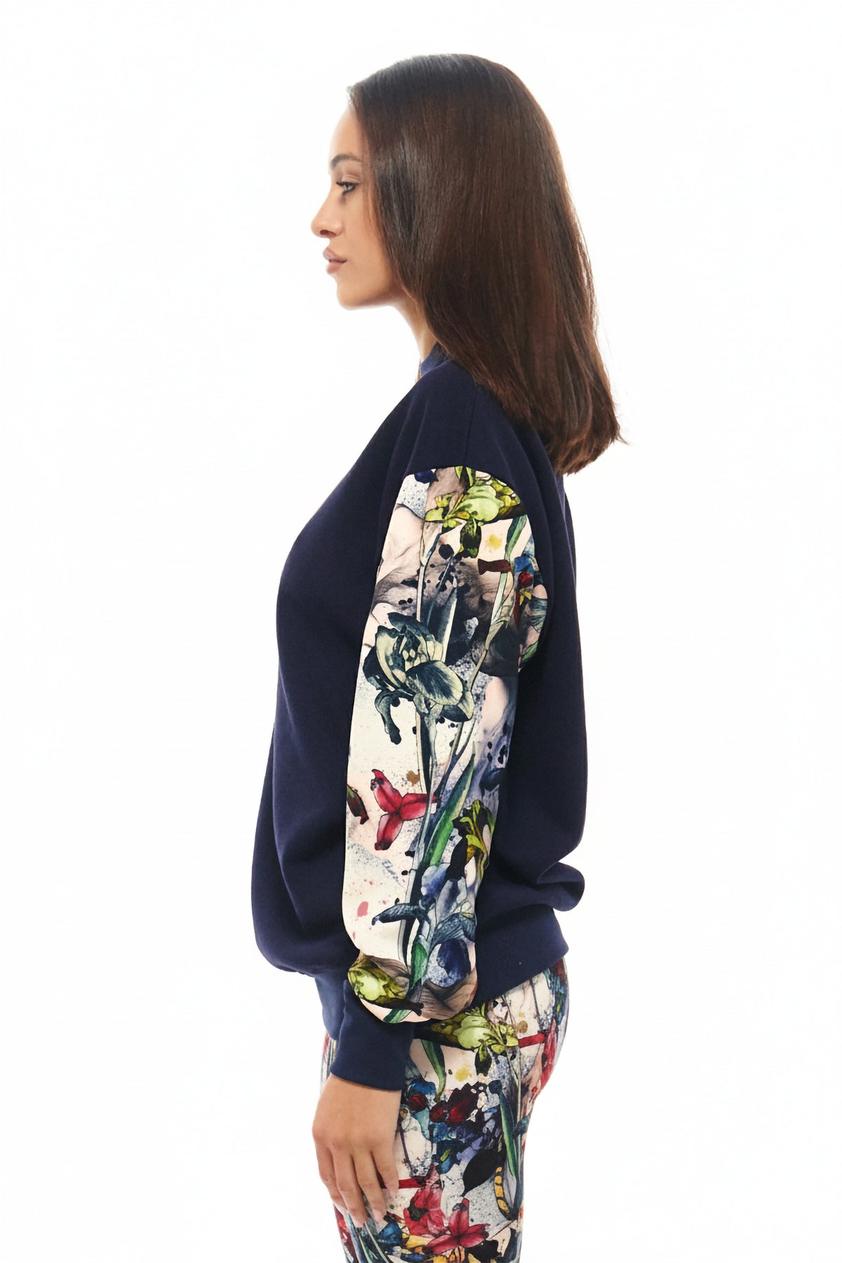 Relaxed-fit crewneck sweatshirt in navy with bold floral printed balloon sleeves by RHOEN.