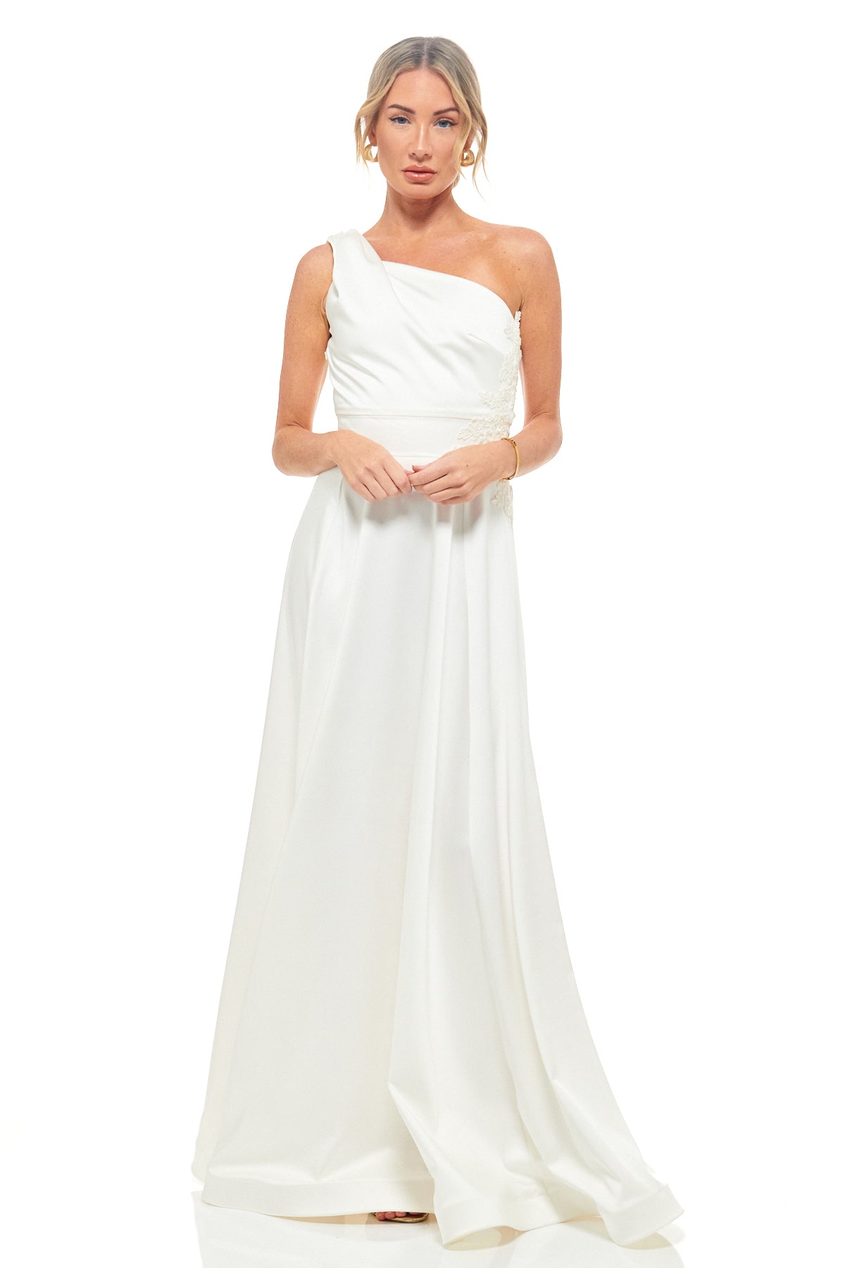 The RHOEN one-shoulder ivory maxi dress in satin – luxury designer bridal gown with A-line skirt and delicate lace detail, previously Rebecca Rhoades.