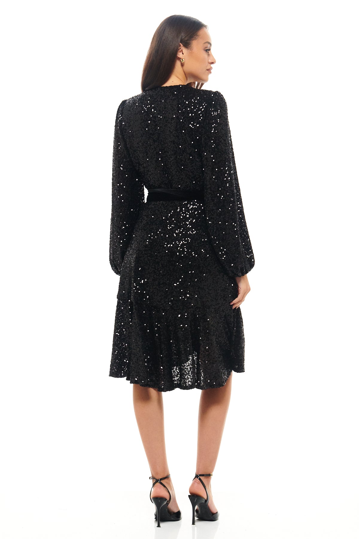 Rhoen black sequin dress with deep V-neck, waist tie and flowing silhouette, bringing effortless glamour to evening wear and party dressing.