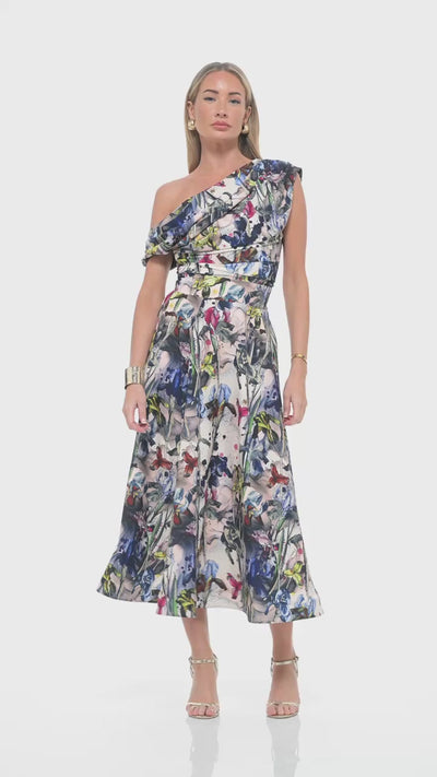 RHOEN bespoke print midi dress video – showcasing exclusive floral design by Rebecca Rhoades with one-shoulder ruched bodice, asymmetric neckline, and flowing A-line skirt. Luxury designer occasionwear for weddings and events.