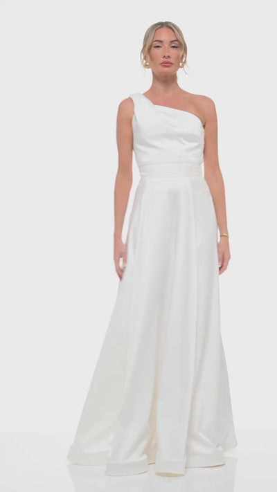 vory satin maxi dress – RHOEN (formerly Rebecca Rhoades) designer gown featuring deep V-neck, bow shoulder detail, and elegant draping.